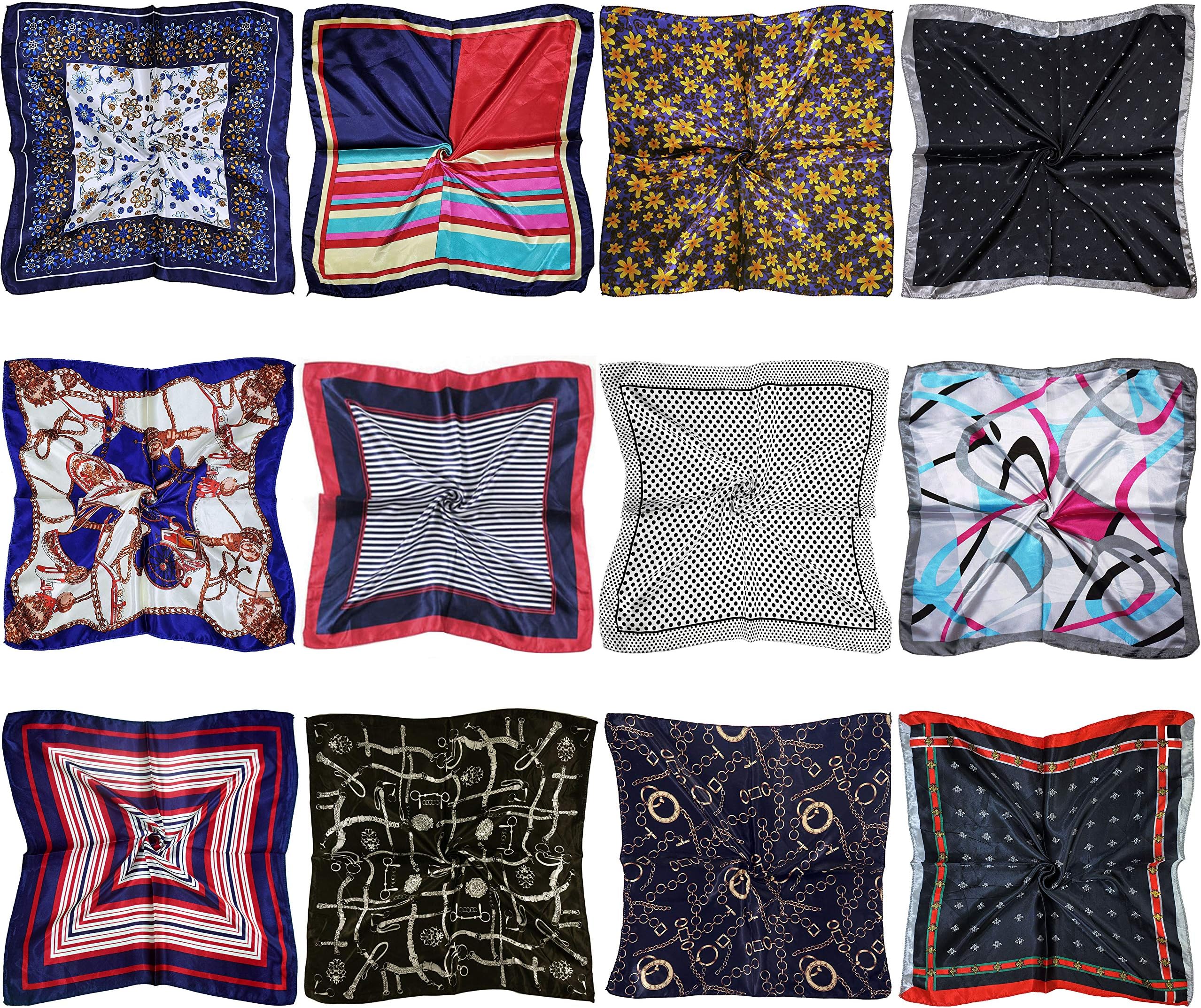 LilMents 12 Mixed Designs Small Square Satin Womens Neck Head Scarf Scarves Bundle Lot Set
