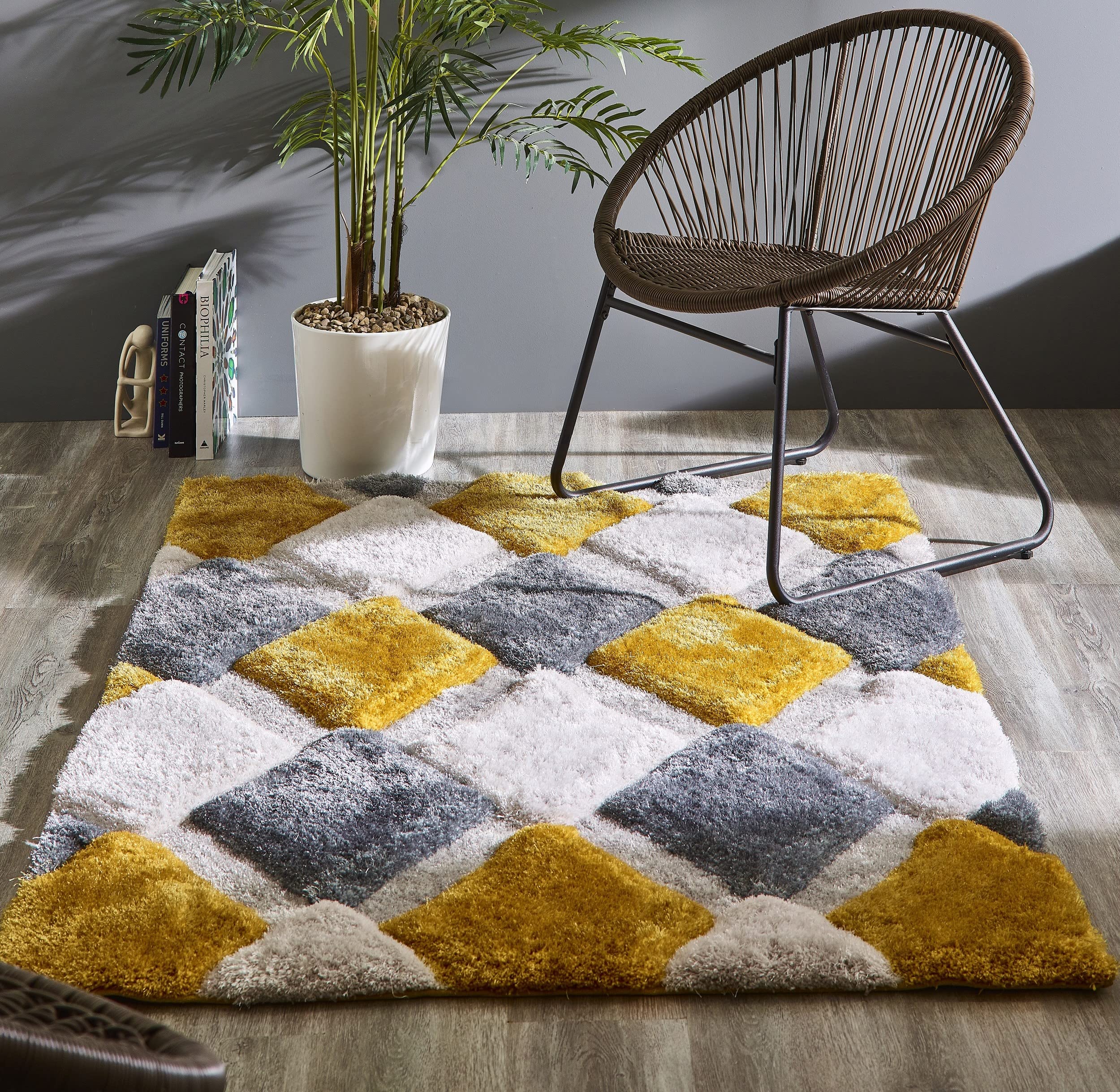 Lord of Rugs Hand Tufted Shaggy Rug Bedroom Living Room 3D Geometric Soft Silky Shiny Rug Ochre Medium 120x170 cm (4'x5'6")