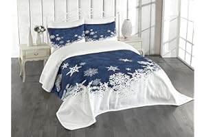 Lunarable Snowflake Bedspread, Winter Theme Christmas Illustration Cold Weather Season Inspired Celebration, Decorative Quilted 3 Piece Coverlet Set with 2 Pillow Shams, Queen Size, Indigo and White