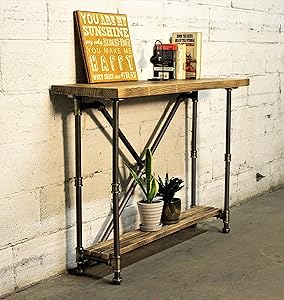 FURNITURE PIPELINE Industrial 2-Tier Pipe Console-Sofa Hall Table, Metal and Reclaimed Aged Wood Finish, Grey Steel Pipes and Brass Fittings with Natural Stained Wood