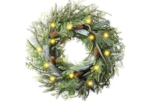 DECOR BY HANNAH Decorbyhannah Christmas Wreath, 24 inch Prelit Collapsible Norfolk Pine Christmas Wreaths for Front Door, Aritificial Cypress Christmas Wreath with Lights for Outdoor Window Table Holiday Decorations
