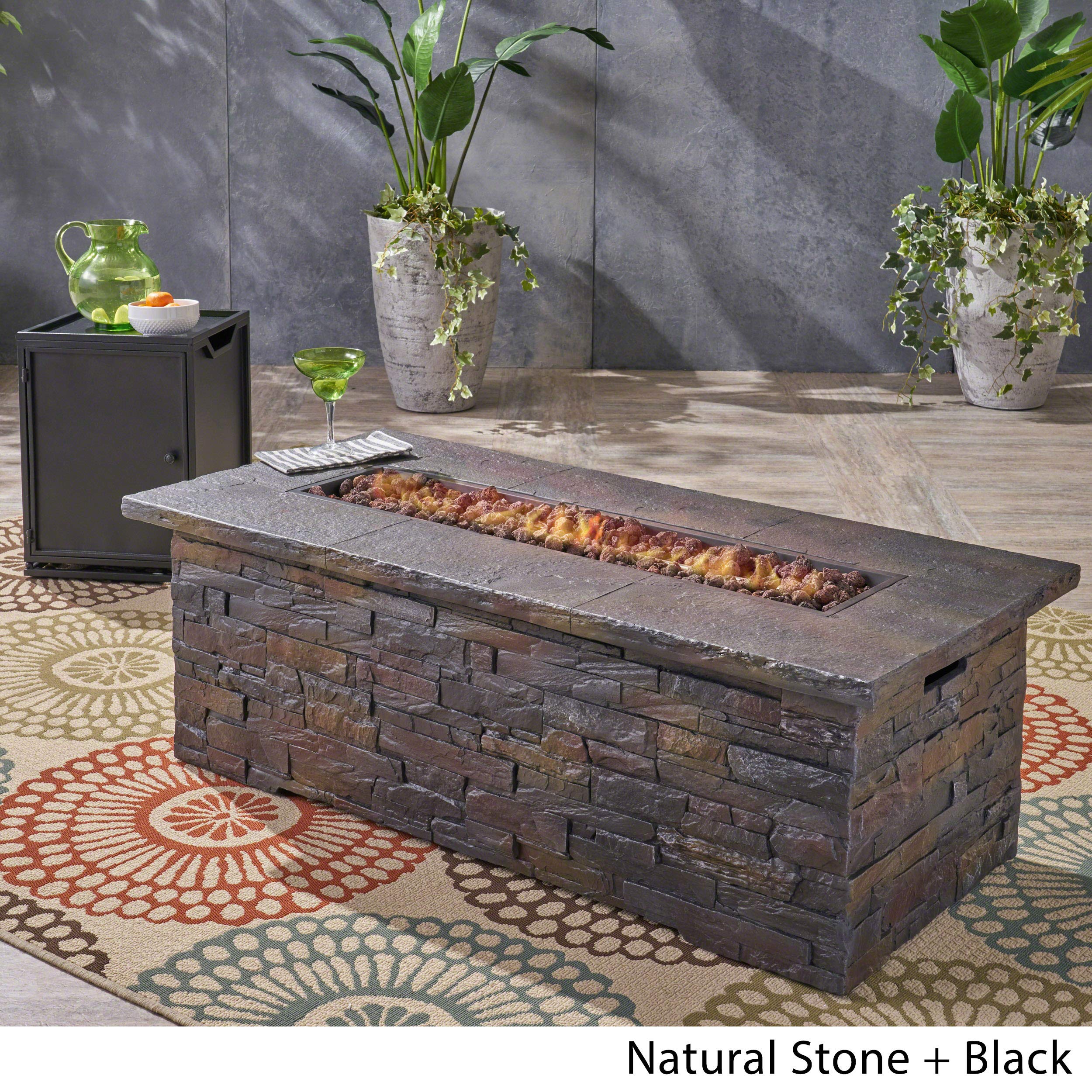Christopher Knight Home 305417 Welsh Outdoor Light Weight Rectangular Fire Pit, Natural Stone/Black