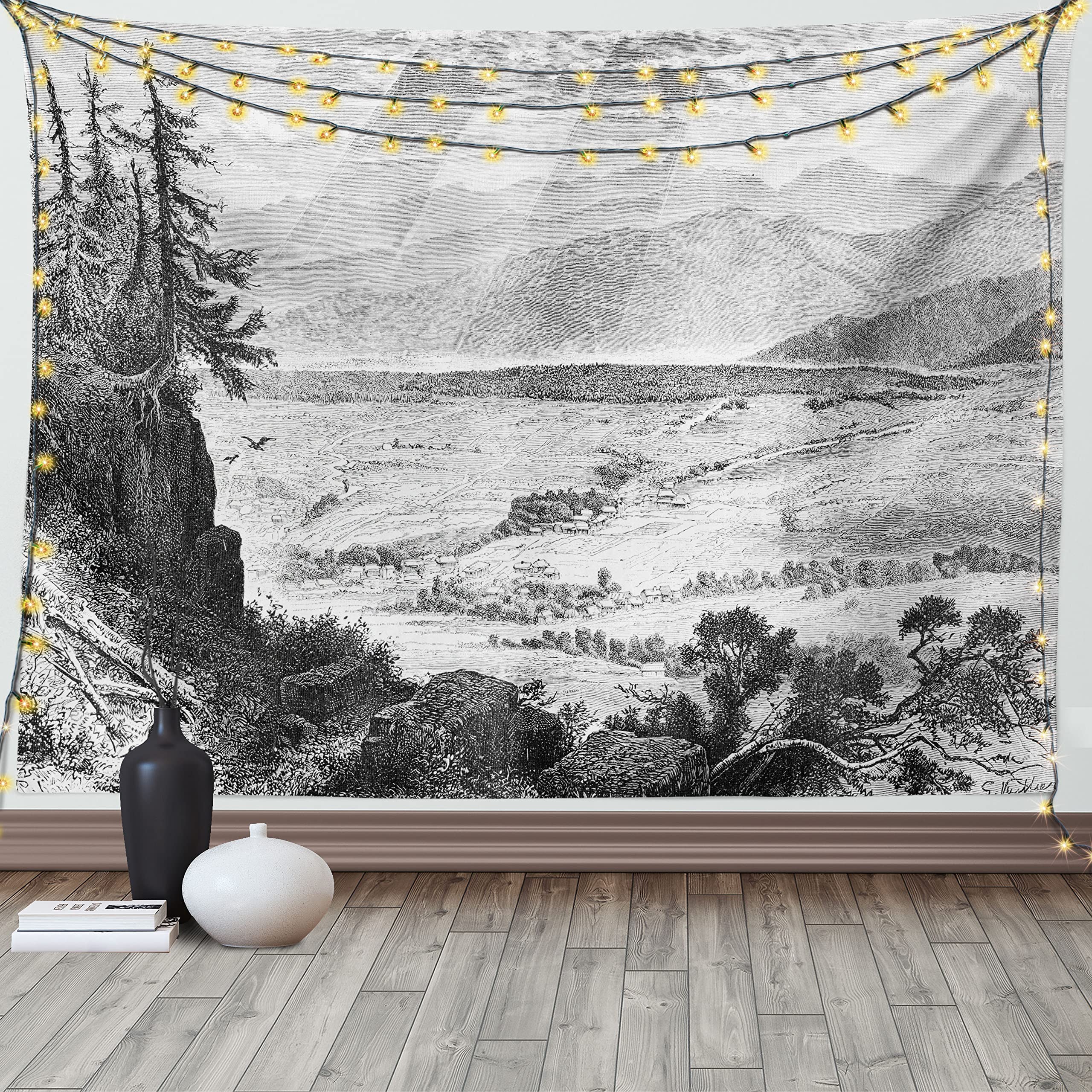ABAKUHAUS Poland Tapestry, Village of Zakopane and Mount Gubolowka in Tatra in Greyscale, Fabric Wall Hanging Decor for Bedroom Living Room Dorm, 58 W X 43 L, Charcoal Grey Pale Taupe