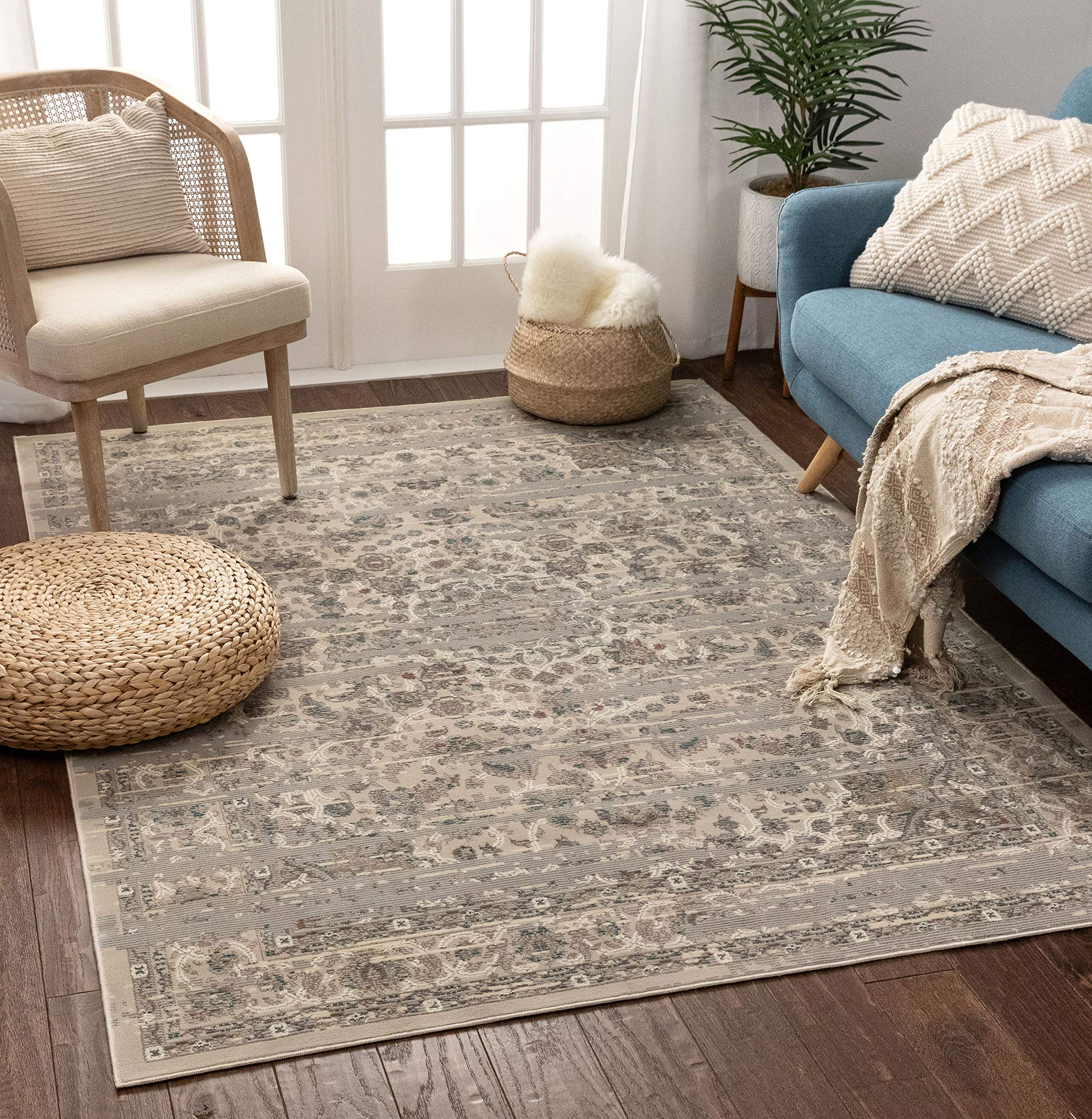 Well Woven Ophelia Vintage Beige & Blue Distressed Oriental Medallion Area Rug 3x5 (3'7" x 5'3")