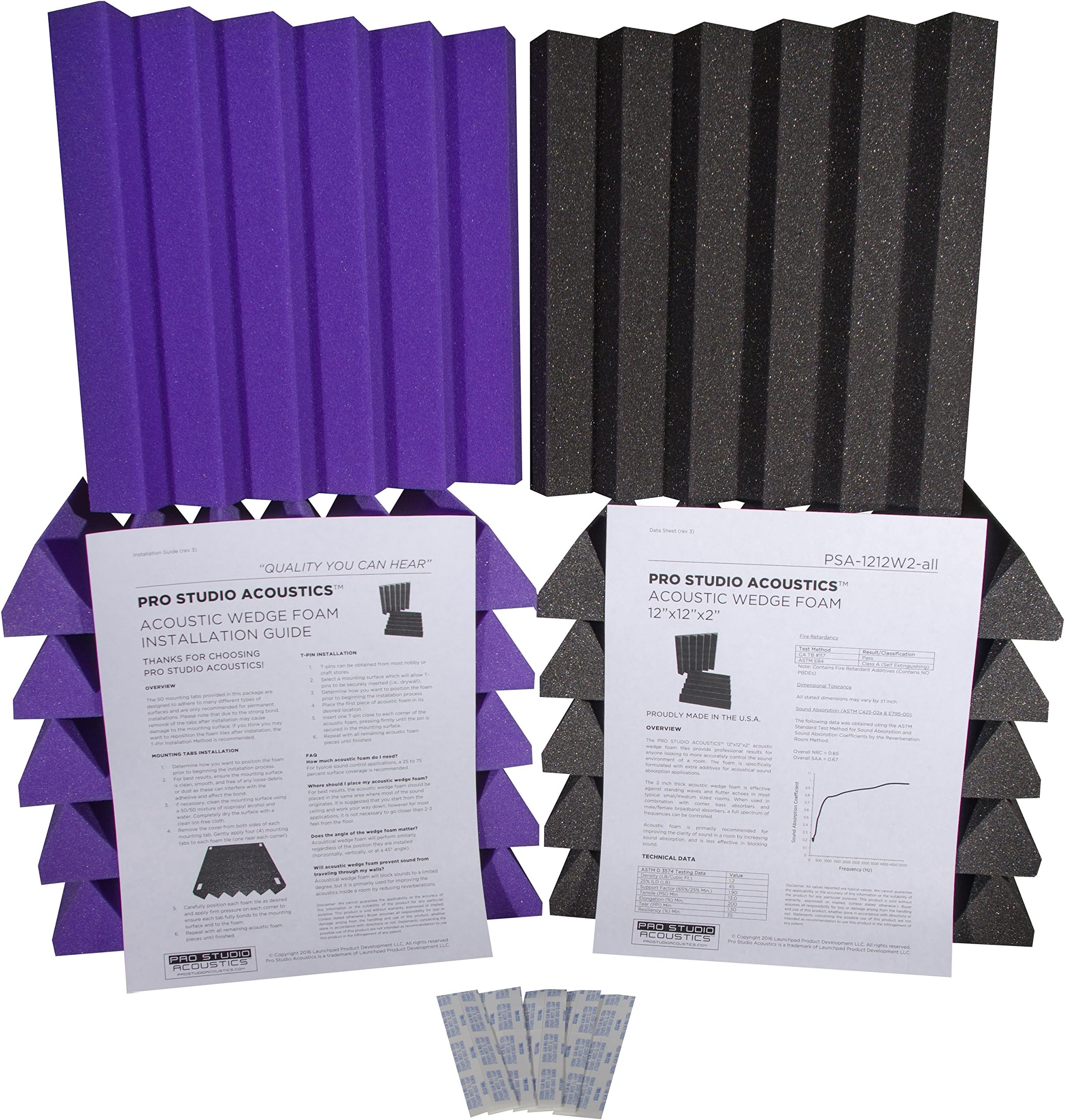 Pro Studio Acoustics - 12"x12"x2" Acoustic Wedge Foam Tiles with Mounting Tabs Included (12, Charcoal/Royal Purple)