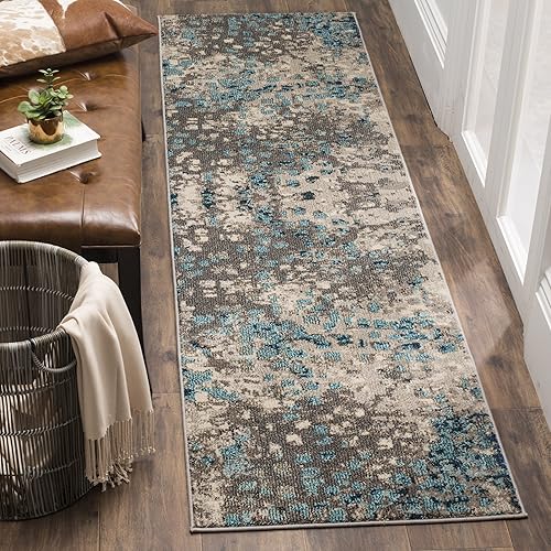 Safavieh Monaco Collection MNC225E Boho Chic Abstract Watercolor Non-Shedding Stain Resistant Living Room Bedroom Runner, 2'2" x 12' , Grey / Light Blue