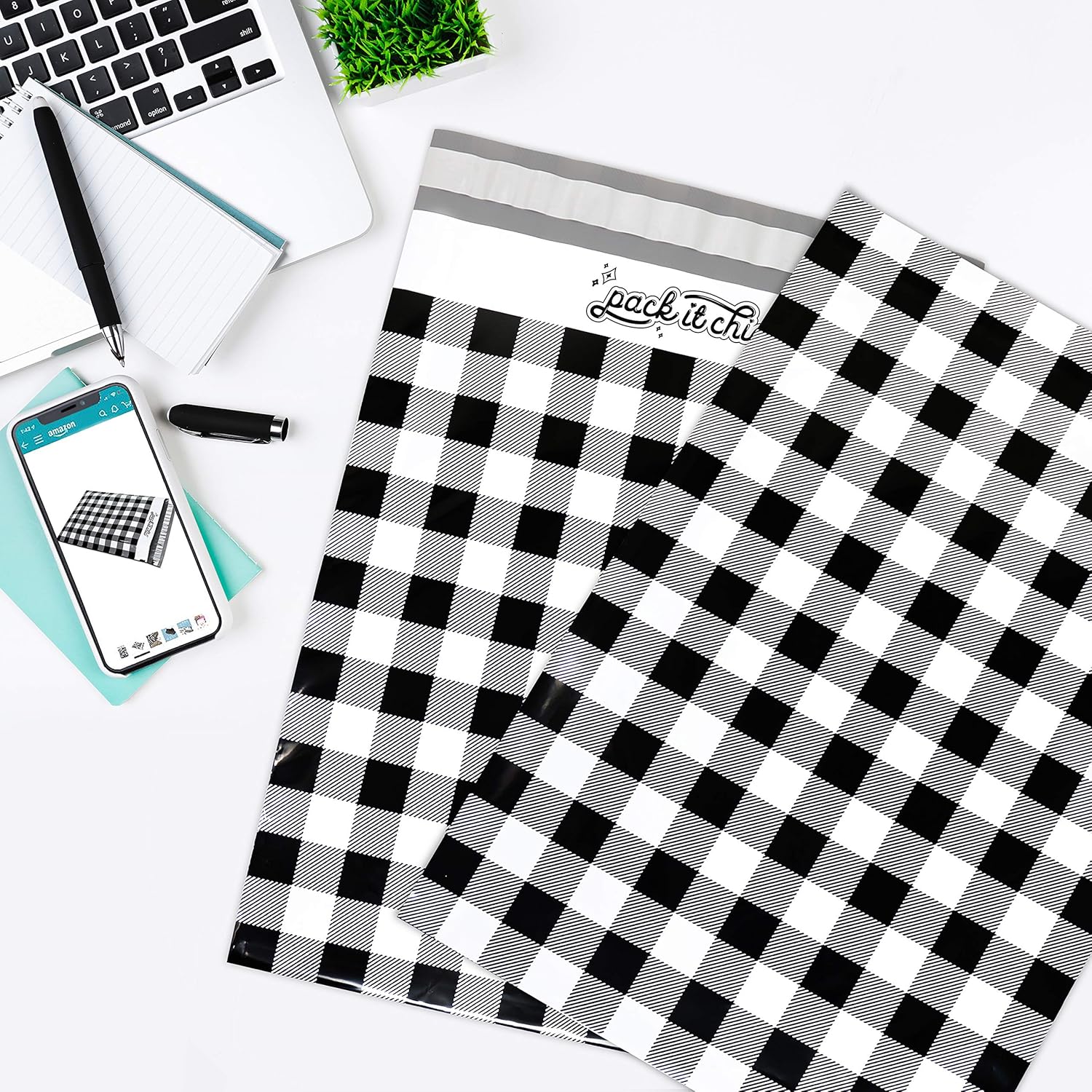 Pack It Chic - 10X13 (100 Pack) Gingham Plaid Poly Mailer Envelope Plastic Custom Mailing & Shipping Bags - Self Seal : Office Products