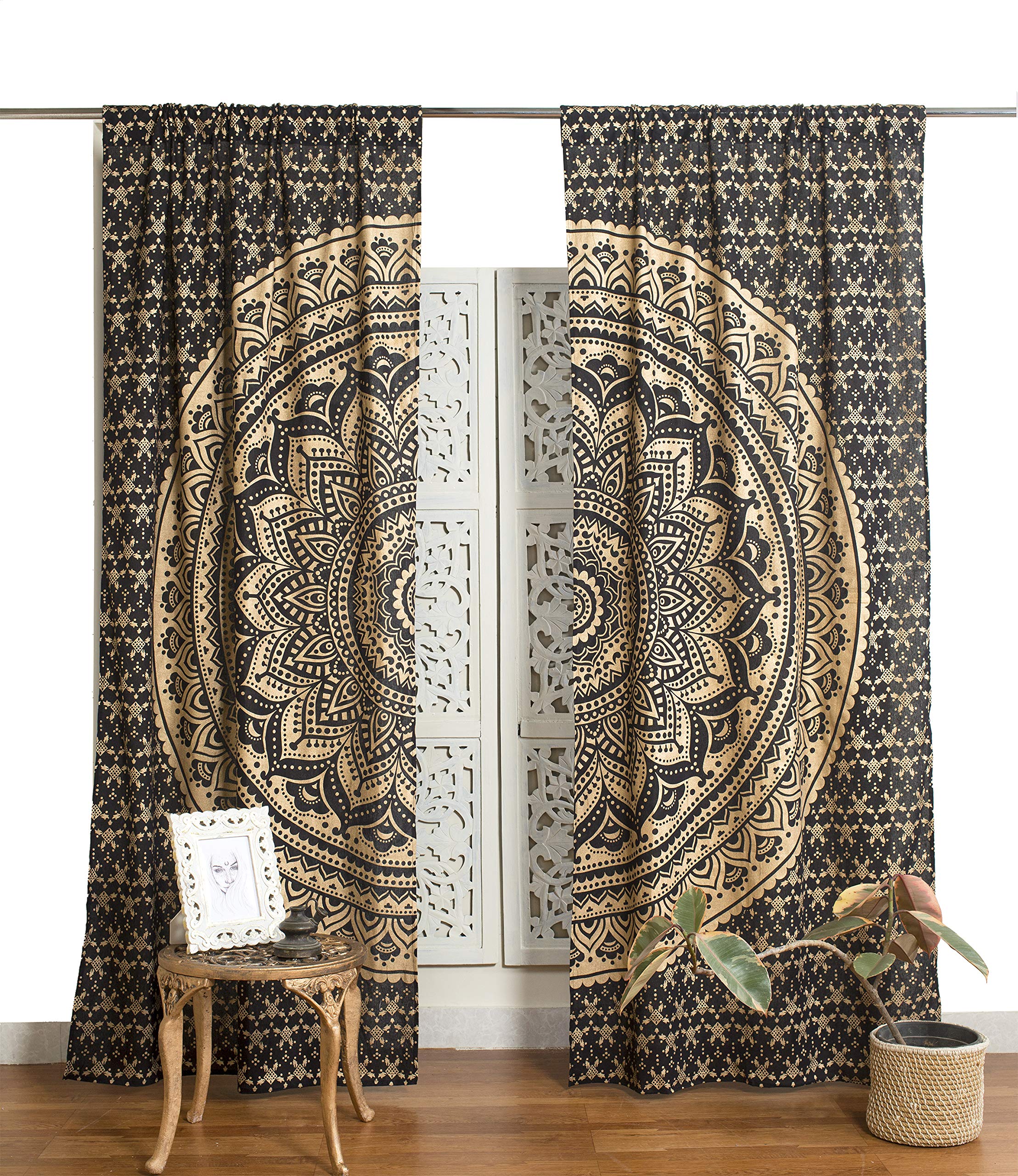Popular Handicrafts Indian Hippie Bohemian Beautiful Ombre Mandala Curtain Panels Black Gold