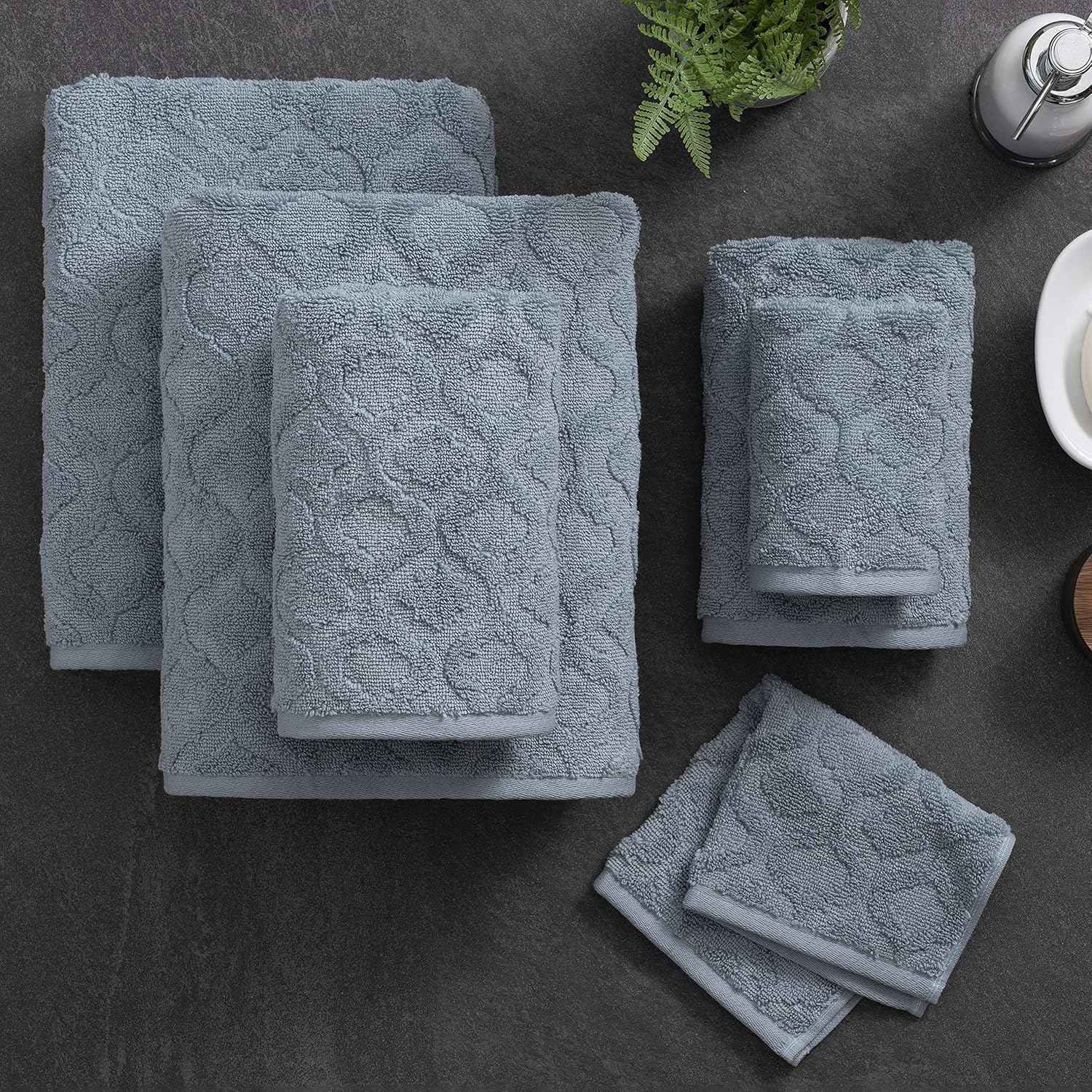 Welhome Athena Cotton Poly Textured Towel - Set of 6 (Dusty Blue) - Luxurious - Highly Absorbent - Soft - Durable - 600 GSM - Machine Washable - 2 Bath - 2 Hand - 2 Wash Towels: Home & Kitchen