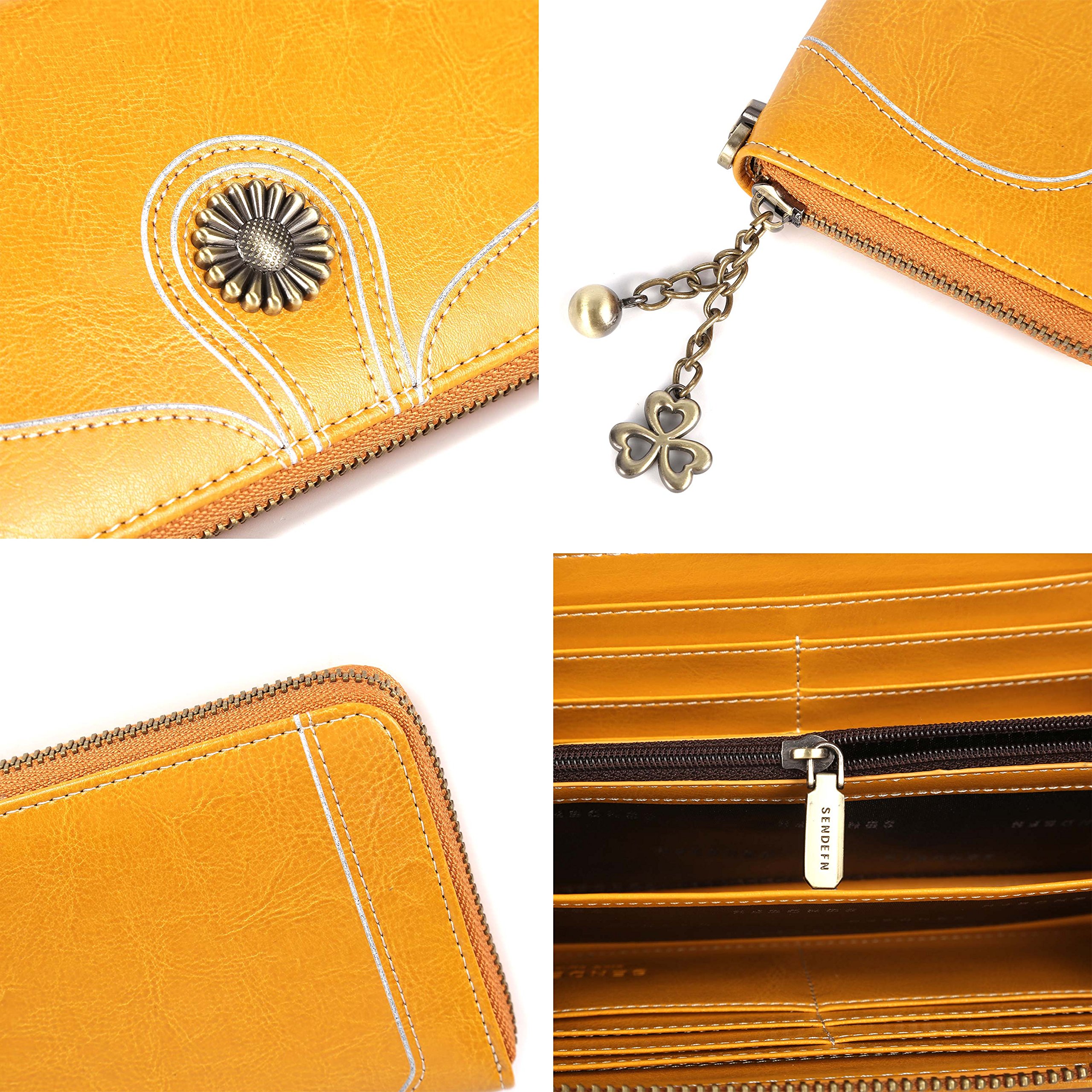 Carteras de Cuero Genuino Monedero/Billetera para mujeres RFID Bloqueo Cera de Lujo Piel Con cremallera, gran capacidad Bolso de la señora-Amarillo