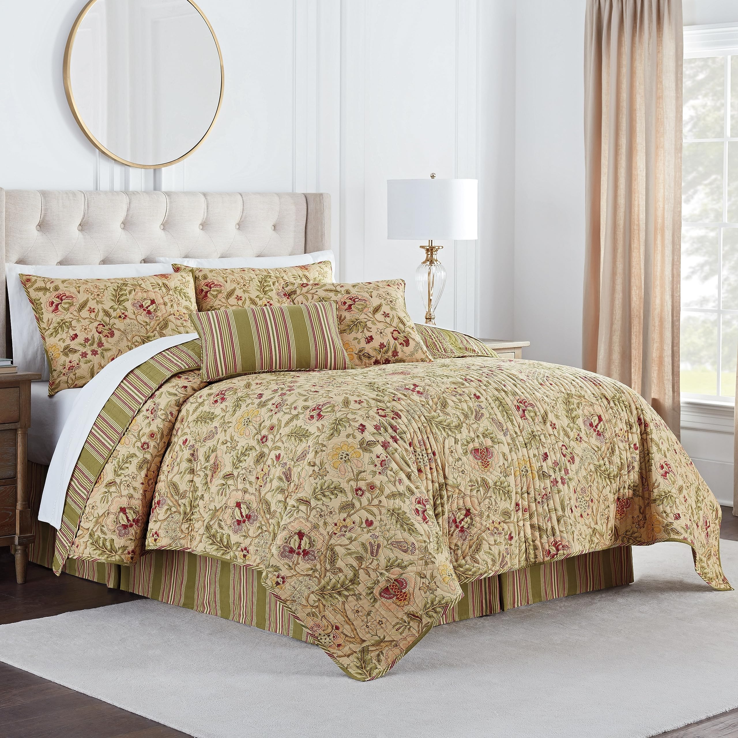 Waverly Imperial Dress Jacobean Floral Soft All Season Reversible 3-Piece Quilt Bedspread Set, Twin, Antique Image