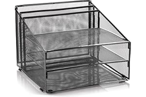 ASANI Metal Office Desk Organizer 3-Tier, Mesh Desktop Document and A4 File Holder with 3 Flat Trays and 2 Upright Compartments, Steel Mail Organizer for Desk Top Accessories, Stationery, Paper, Black