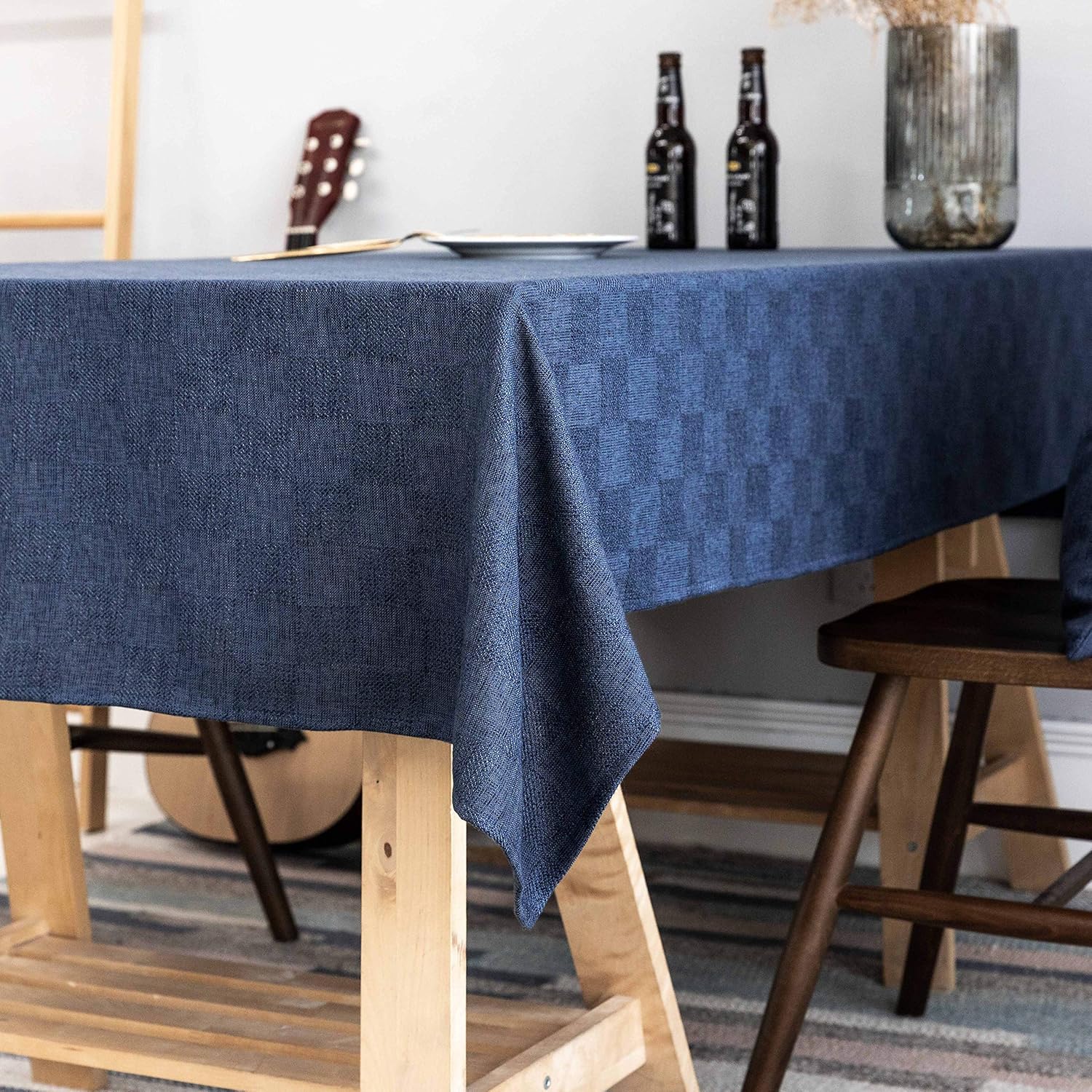Home Brilliant Rectangular Table Cloth Polyester Stain Resistant Checker Table Covers for Parties Table Cloths for Dining Table, 52 x 86 Inch, Navy Blue: Kitchen & Dining