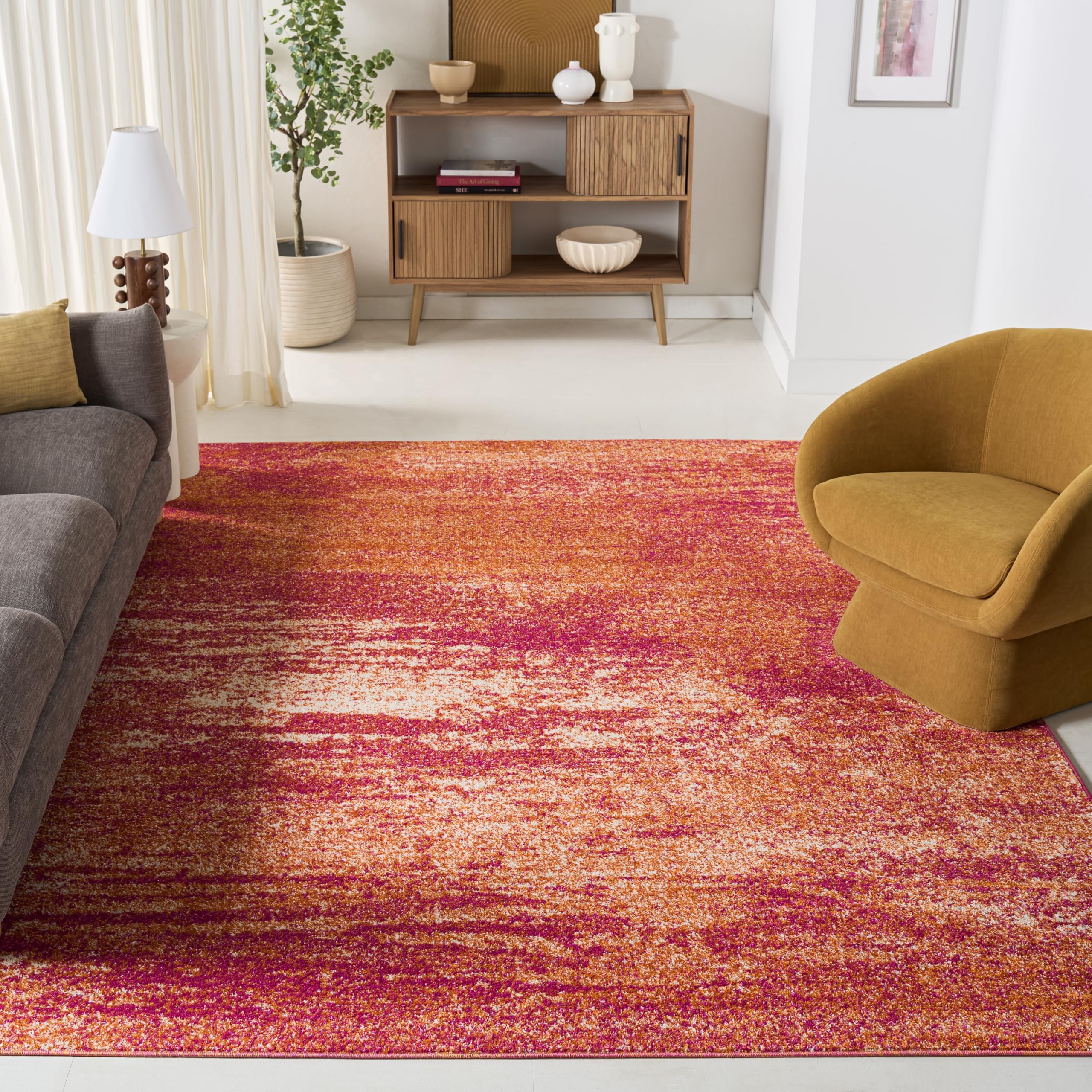 SAFAVIEH Evoke Collection 8' x 10' Ivory / Orange EVK272P Modern Abstract Non-Shedding Living Room Bedroom Dining Home Office Area Rug Image