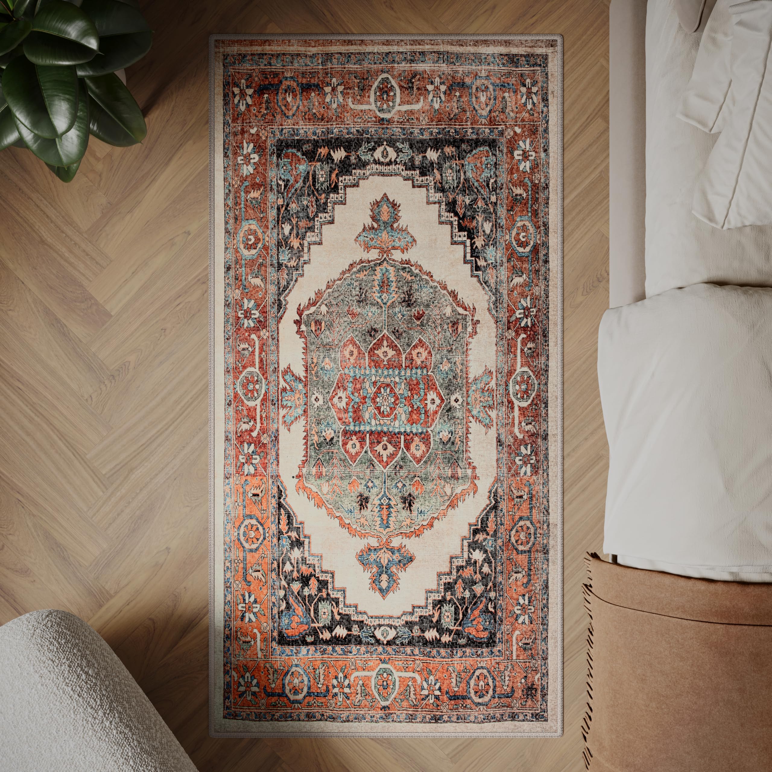 artyrugs Machine Washable Rug, 80x150cm, 75% Recycled Cotton, Short Pile, Non-Slip Backing, Non-Shedding, Suitable for Living Room, Bedroom, Kitchen, Hallway, Office, Bright Olive & Pumpkin