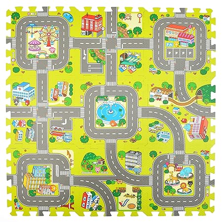 Pink Papaya Puzzlematte Stadt, Straßen-Teppich 92x92cm, 9tlg. Spielmatte Puzzle für Kinder