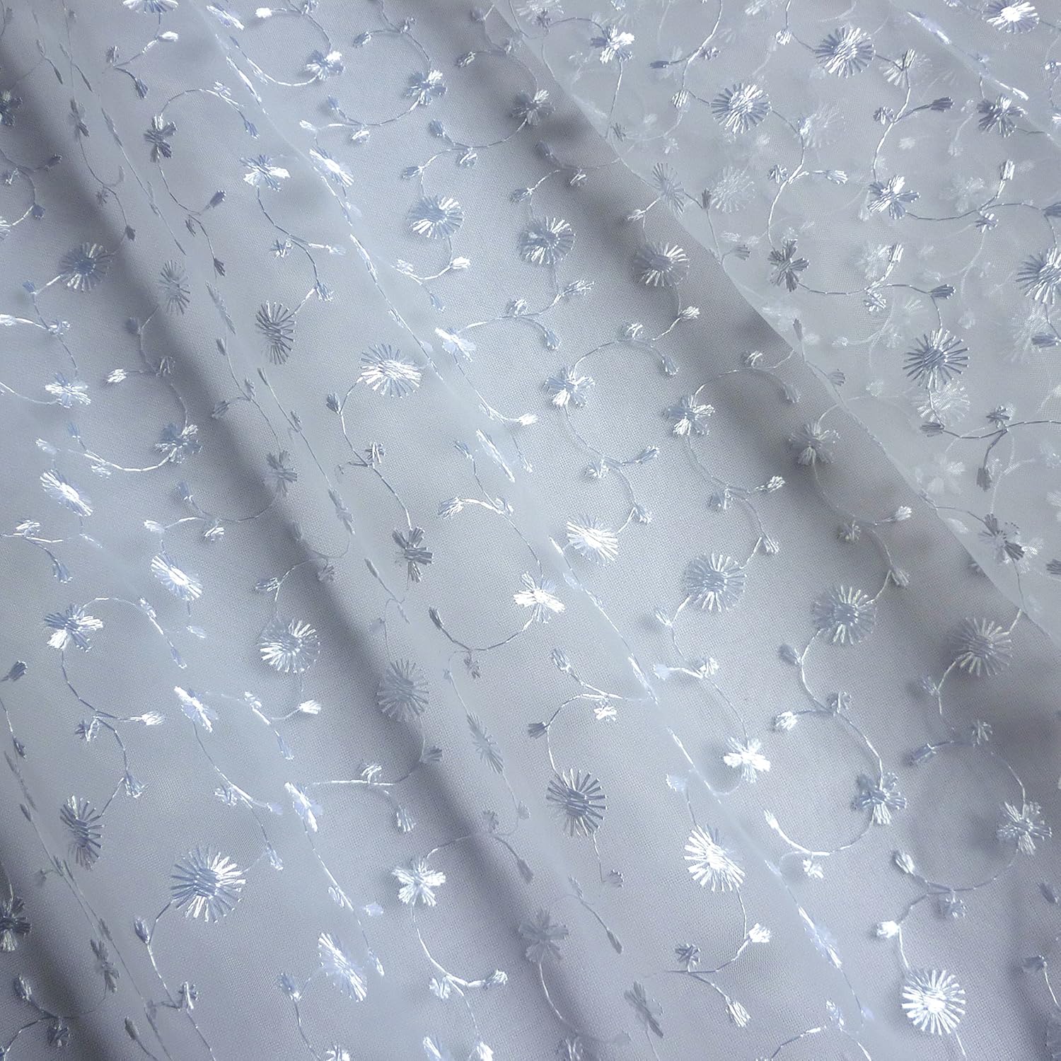 White Embroidered Organza Fabric with Scalloped Edge (Per Metre