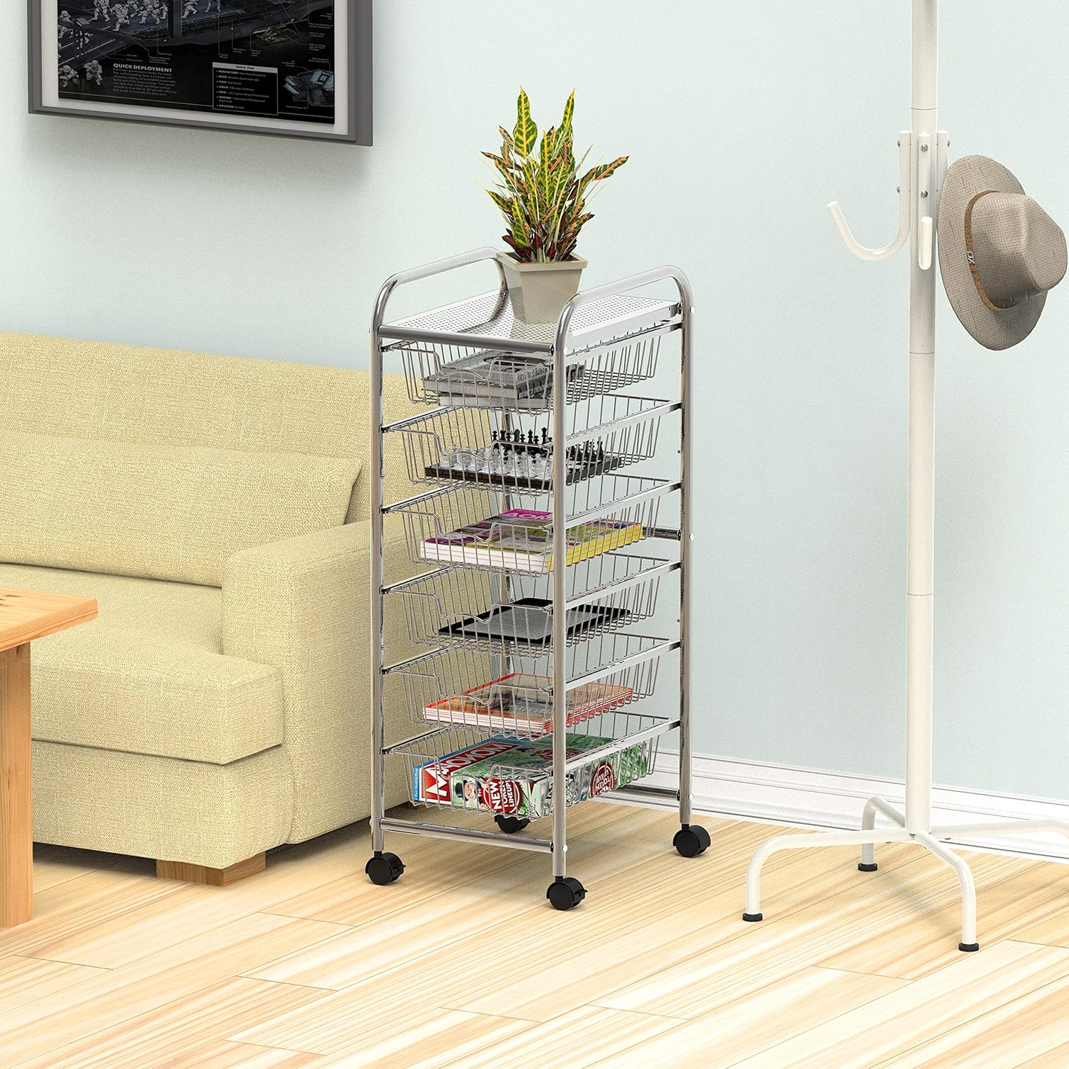 6-Drawer Wire Grid Rolling Utility Storage Organizer Cart, Chrome : Office Products