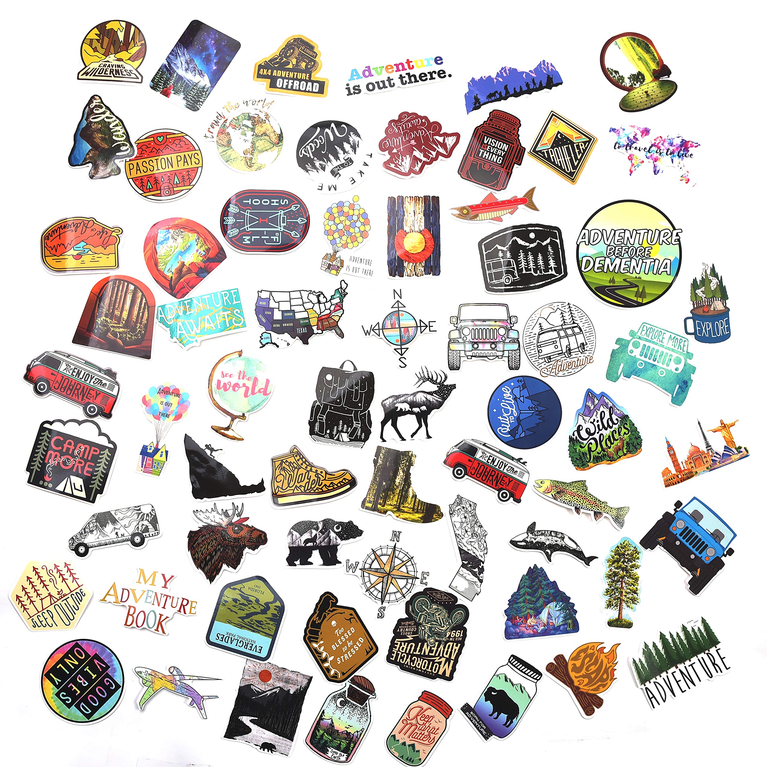 Mizzuco Vinyl Stickers Waterproof Adventure Stickers 66 Pieces for Laptop Bumper Helmet Ipad Car Luggage Water Bottle (HW223)