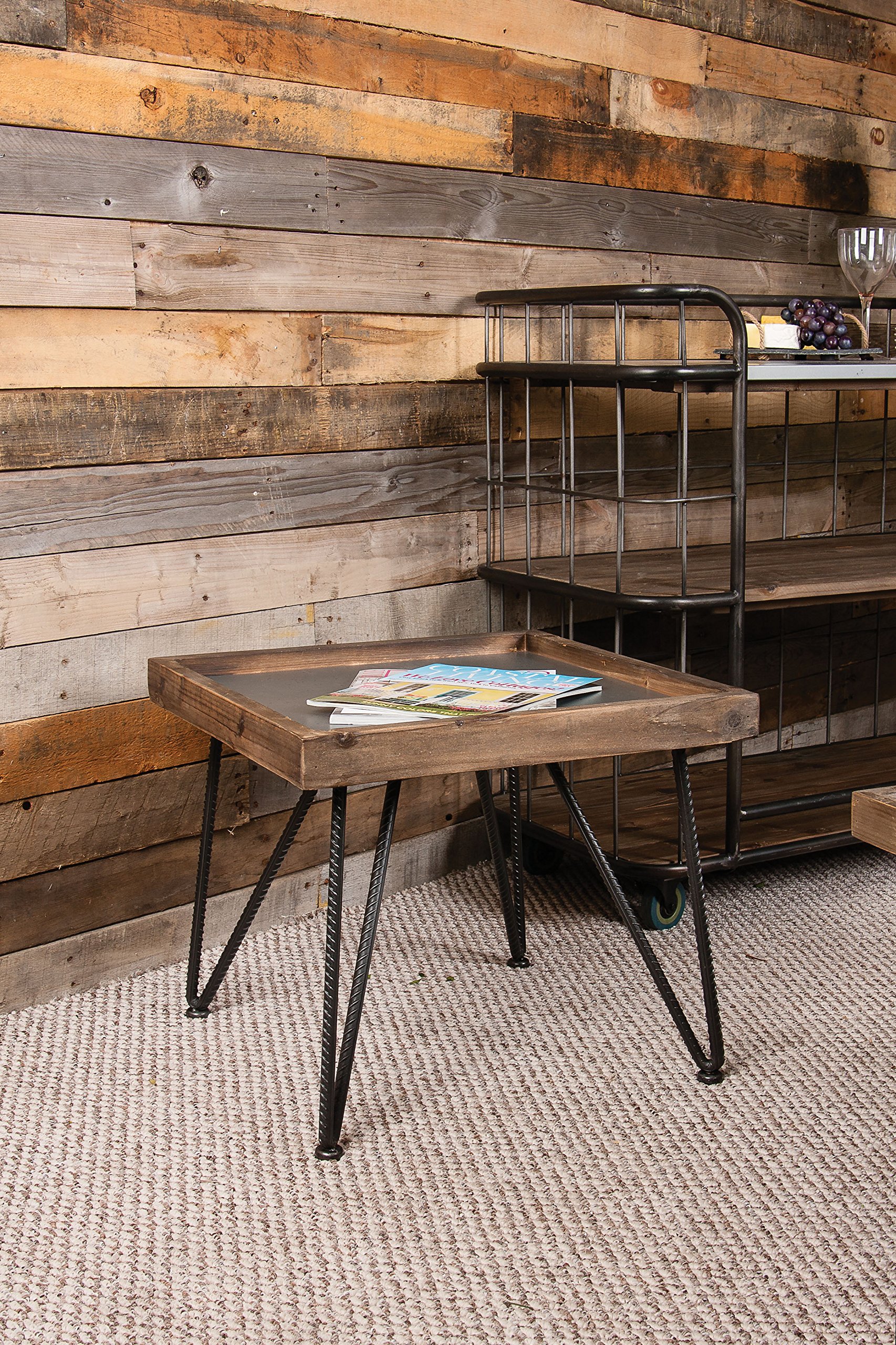 Skalny Square Metal & Wood Industrial Coffee Table with Zinc Top, 19.5