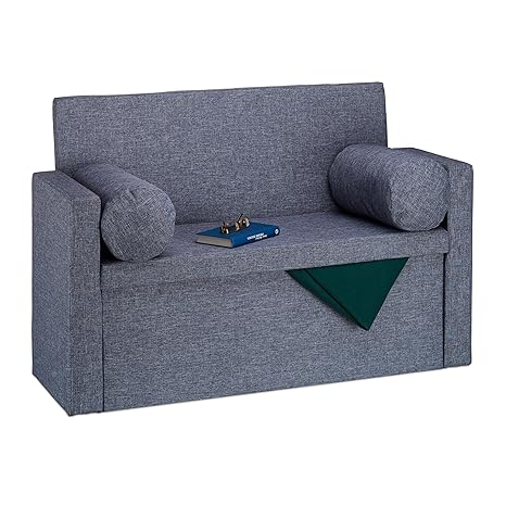 Relaxdays Sitzbank mit Lehne, 2 Kissenrollen, faltbar, Aufbewahrung, gepolstert, Flur, Sitztruhe 75 x 115 x 47 cm, Grau