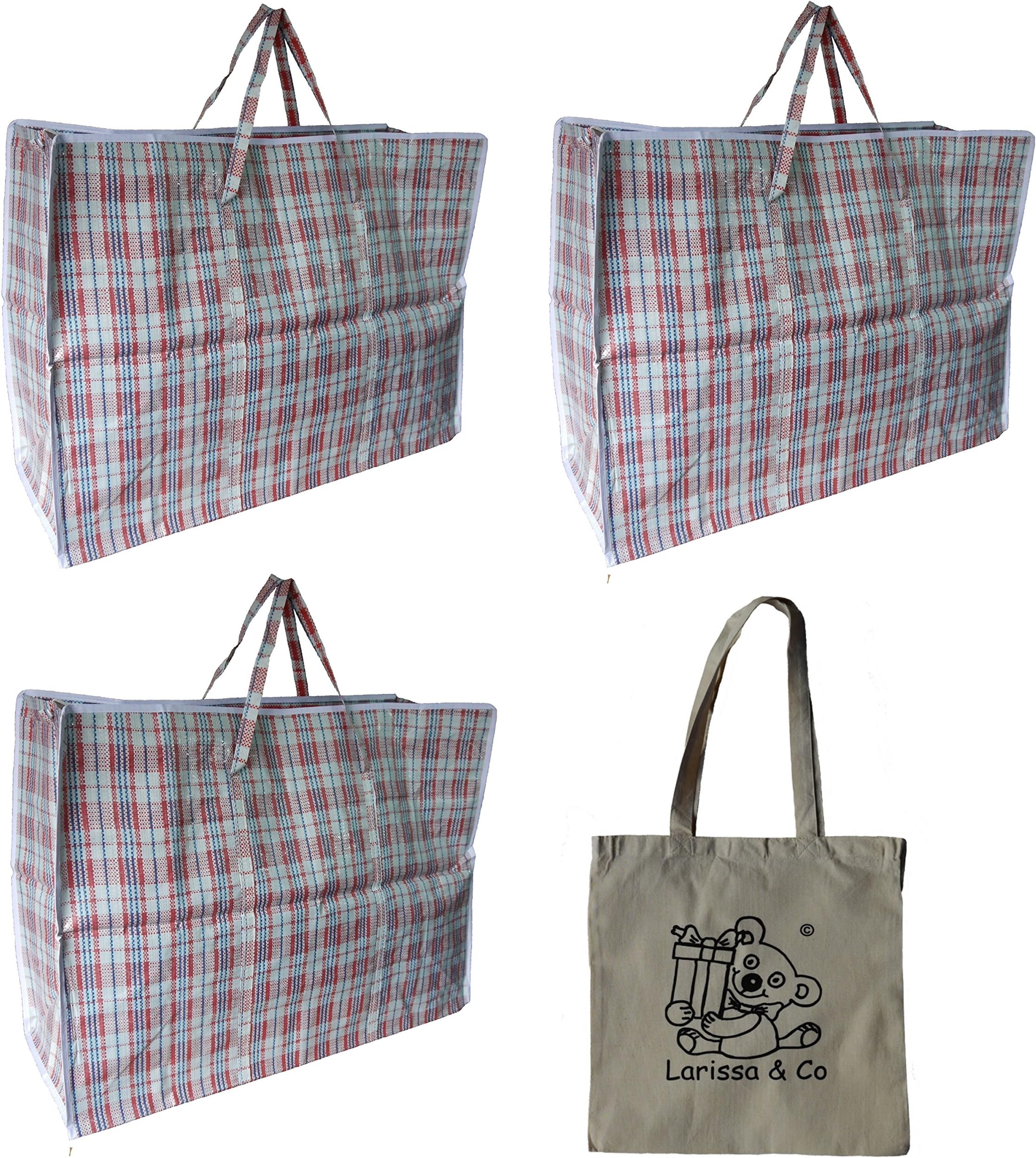3 (THREE) x Very Large Laundry Bag for Storage Moving House Attic Big Zip Top Enormous Massive Huge and an Exclusive Larissa & Co Cotton Tote / Storage Bag (RED/WHITE/BLUE)