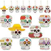 Haooryx Halloween Day of the Dead Sugar Skulls Wooden Hanging Ornaments | 24Pcs Mexican Fiesta Dia de Los Muertos Wood Pendent, Floral Skeleton Gift Tag, Home Tree Wall Decoration, Party Favor Supply