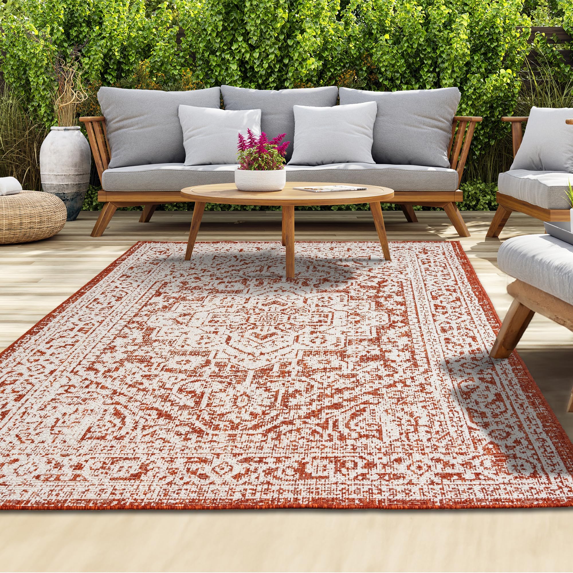 homeart Outdoor Rug - Easy-Clean, Durable, Stain-Resistant, Weather & UV Resistant Indoor & Outdoor Rugs for Porch, Deck, Balcony, Garden, Picnic and Patio | Medallion Terra, Cream - 120x170cm