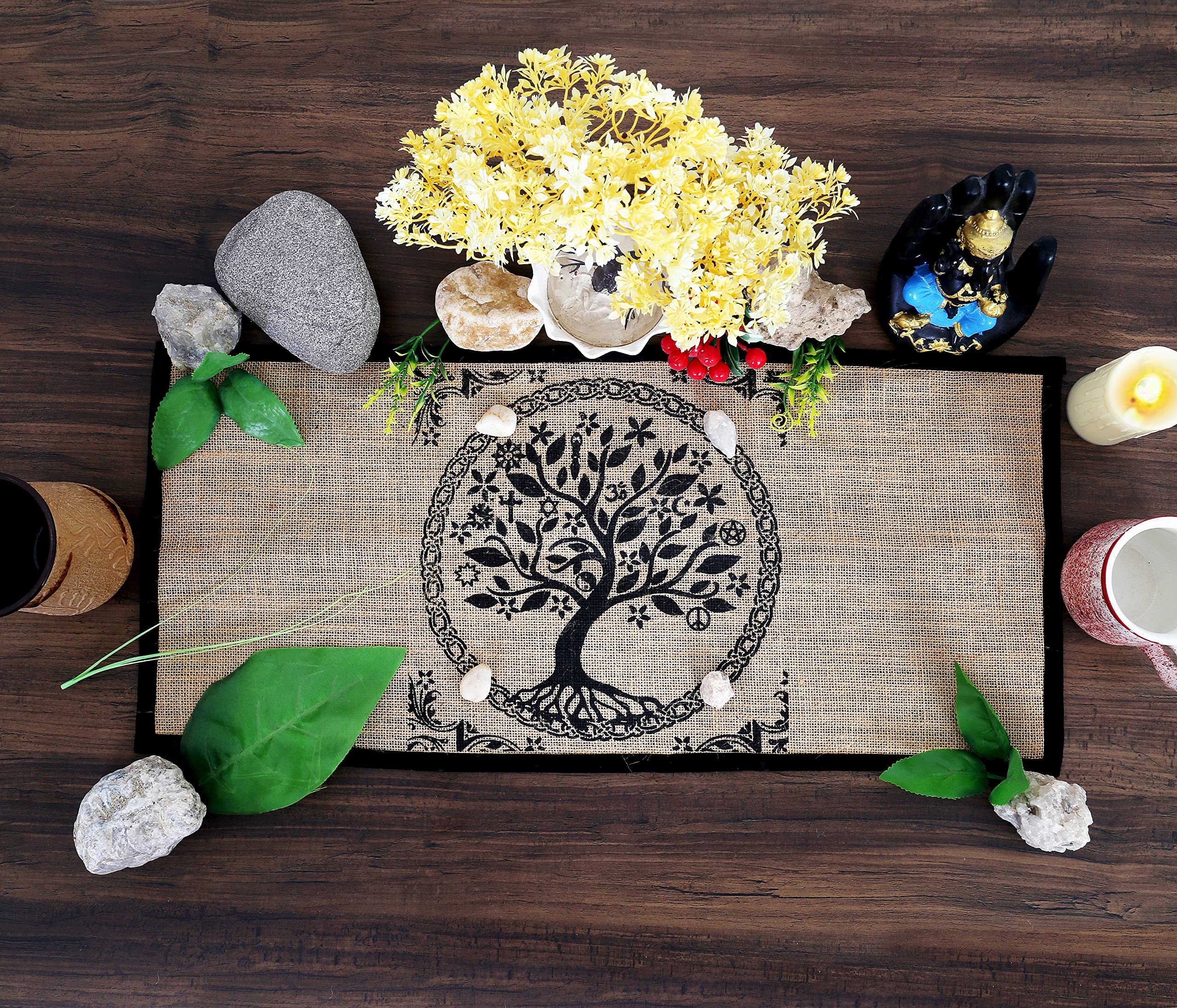 Indian Consigners Altar Cloth - Witchcraft Supplies, Wiccan Altar Tools, Tarot Spread - Witch Pagan Decor, Witchy Gifts - Celtic Tree Of Life - Organic Burlap with Fabric Backing - 24