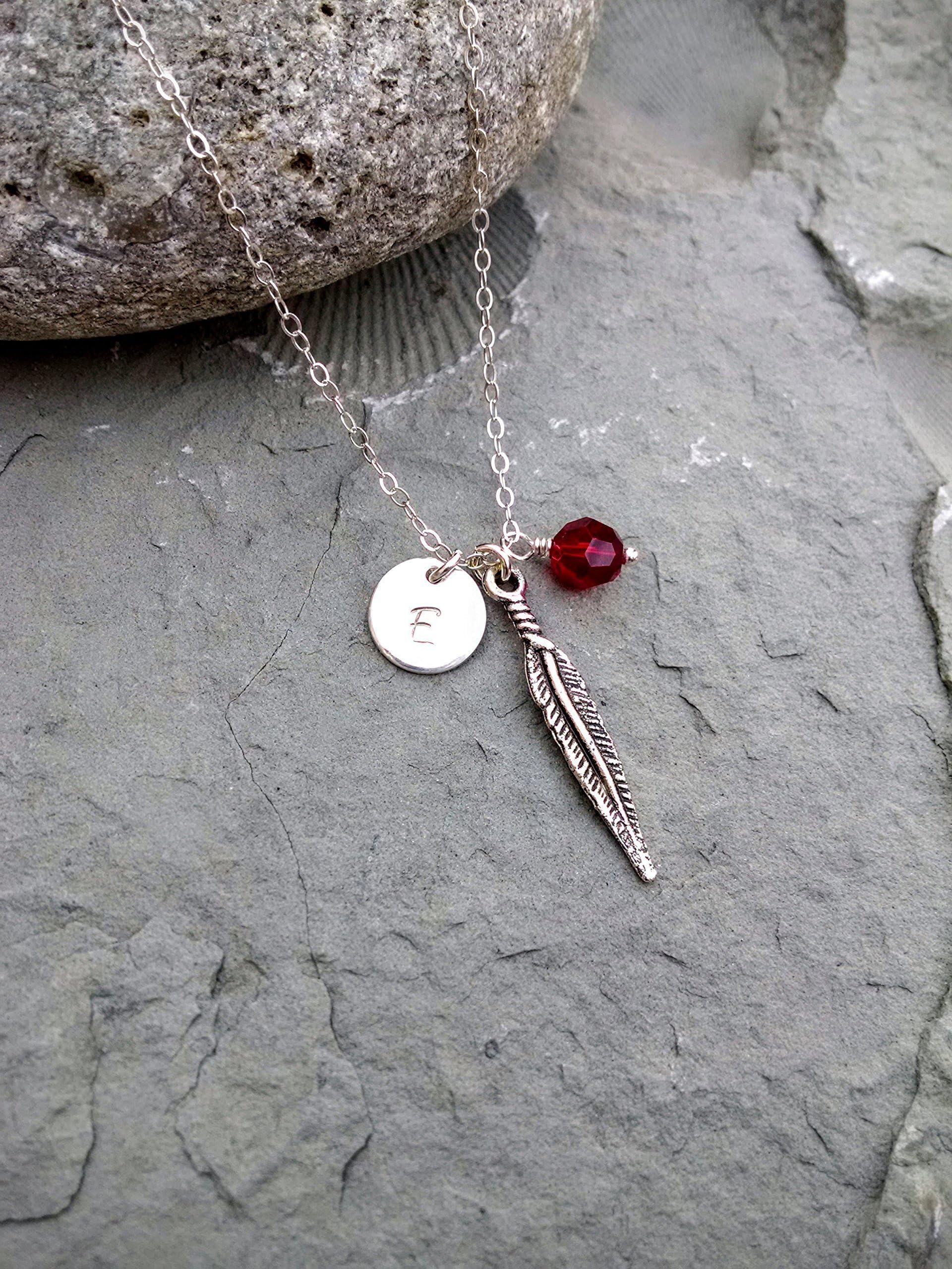 Sterling Silver Initial, Feather and Birthstone Necklace