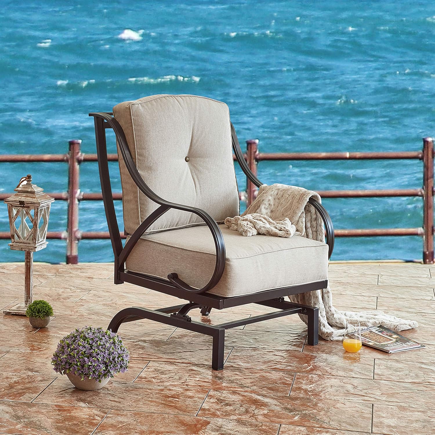 LOKATSE HOME Outdoor Bistro Wrought Iron Furniture Patio Metal Conversation Seating Chair with Thick & Soft Cushions Curved Armrest, Armchair, Beige : Garden & Outdoor