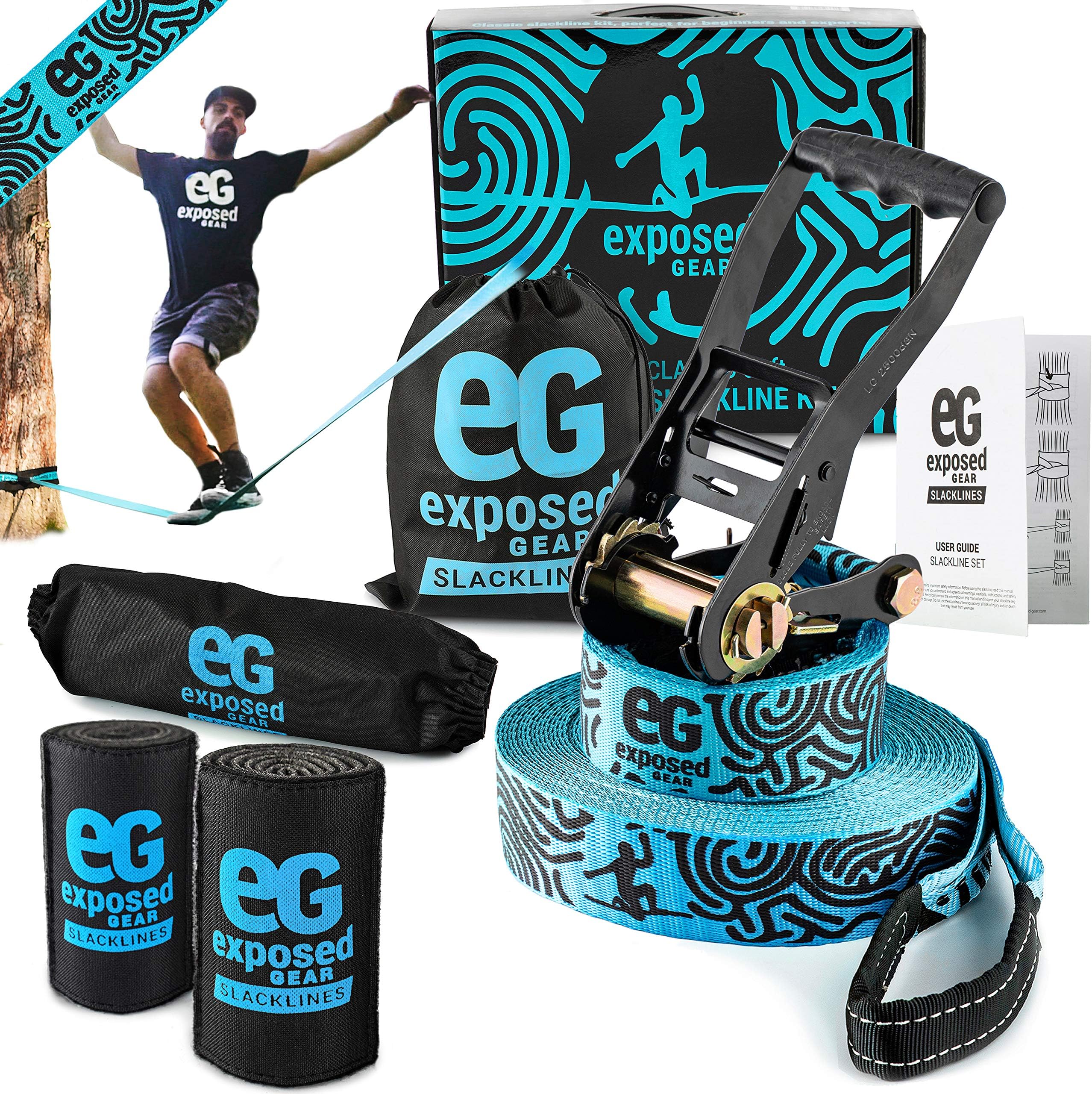 Slackline Kit 60ft with Tree Protectors, Ratchet Cover, Instructions and Carry Bag | OPTIONAL Training Line + Arm Trainer only included in GREEN Slack Line Set | Perfect Slackline For Kids and Adults