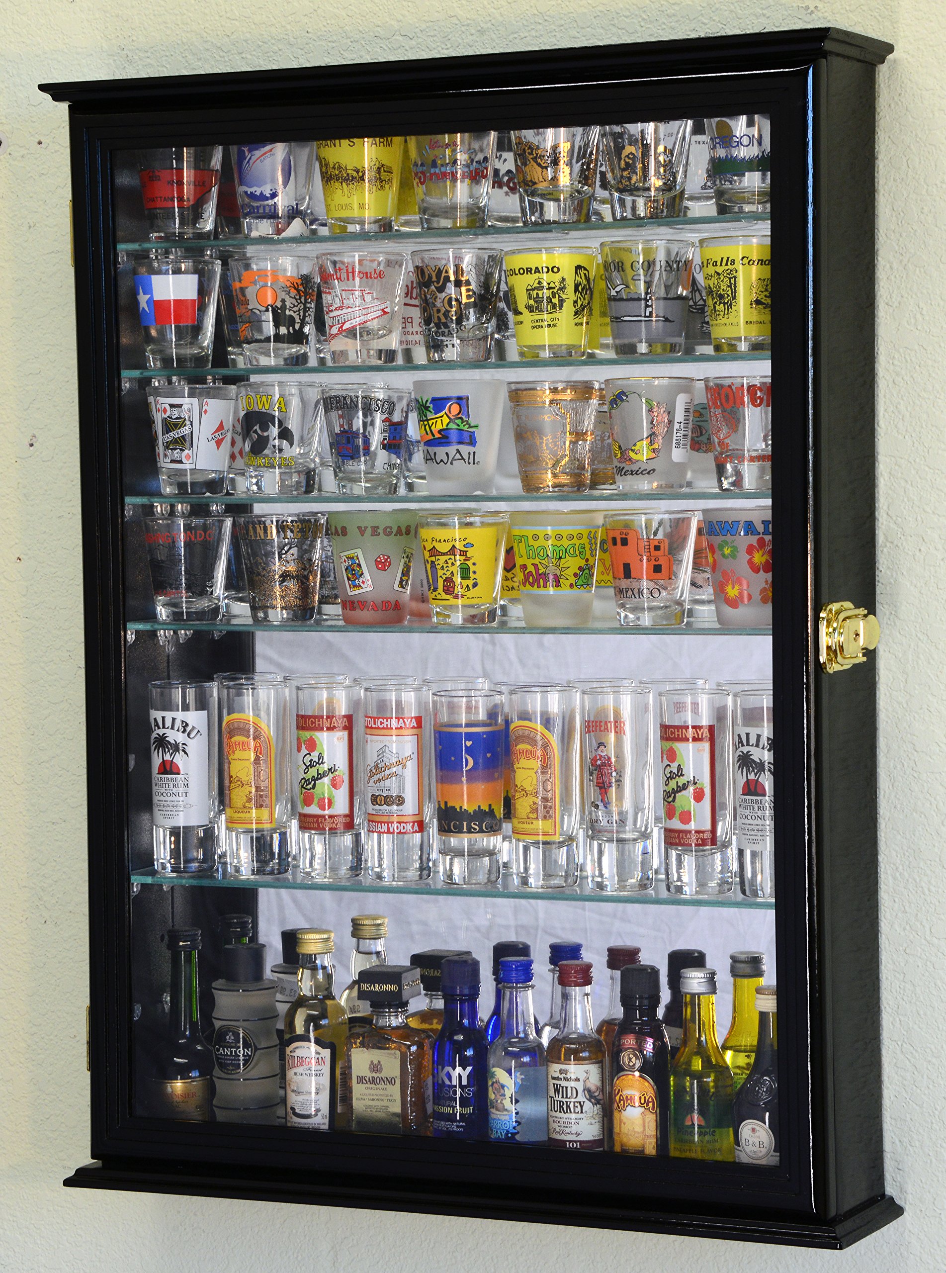 Large Mirror Backed and 7 Glass Shelves Shot Glasses Display Case