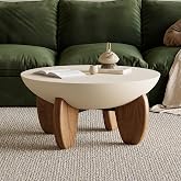 homary 30" Round Coffee Table, Modern Concrete Center Table with Walnut Ash Wood Legs, Minimalist Cement Finish for Living Room