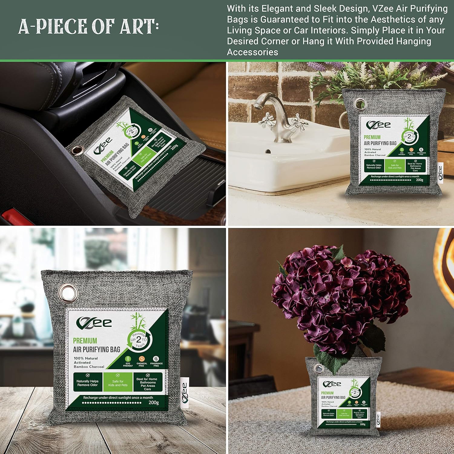 VZee Odor Eliminator, Activated Charcoal Bags Odor Absorber, 8 Pack x 200g, 8 Cords, Ziplock Packaging, Nature Fresh Bamboo Charcoal Air Purifying Bag, Odor Absorbers for Home, Bamboo Charcoal Bags, Deodorizers for Home, Pet, Shoe, Car, Closet, Smoke, Carpet, Fridge, Dogs, Cats, Basements, Musty Smell, New Car Smell, Bamboo Charcoal Bags, Odor Neutraliz