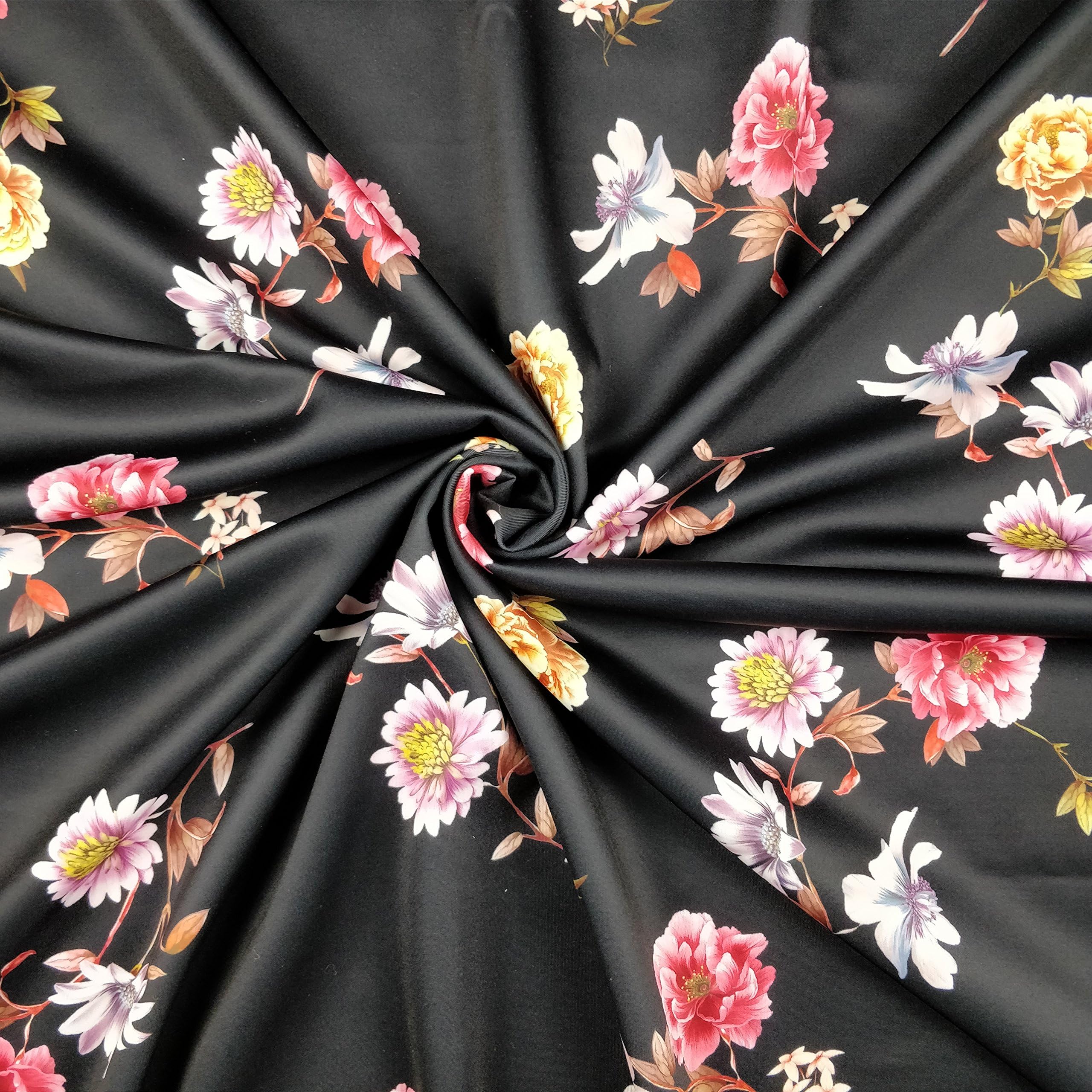 FS242_2 Zinnia Black Base Floral Print High Quality Scuba Fabric - Sold Per Metre