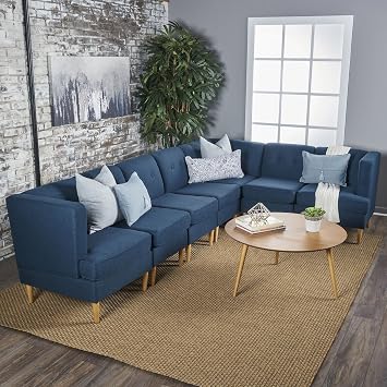 Amazon Com Christopher Knight Home Milton Mid Century Modern Sectional Sofa Set Navy Blue Natural Kitchen Dining