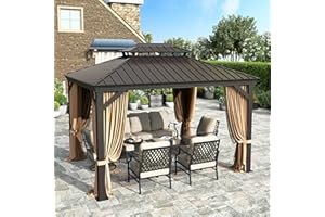 HERA'S HOUSE 10’x12’ Hardtop Gazebo with Curtains and Netting, Outdoor Heavy Duty Aluminum Frame Canopy with Double Roof, Permanent Metal Pavilion for Deck, Backyard, Garden