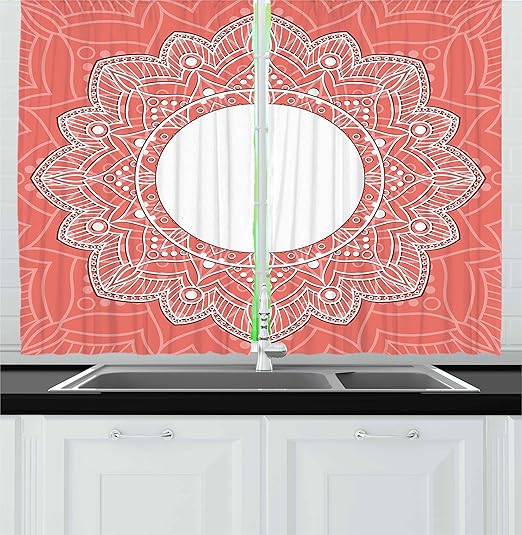 Ambesonne Peach Kitchen Curtains, Lace Design with Lines