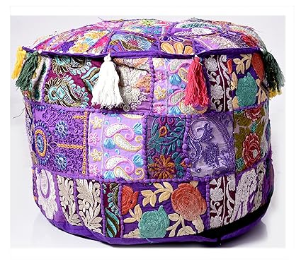 Purple Ethnic Decorative Pillow Cover Round Pouf Foot Stool Poof Cover 22 Inch Embroidery Pouf Ottoman Pouffe Cover by Handicraft-Palace