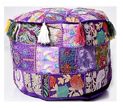 Purple Ethnic Decorative Pillow Cover Round Pouf Foot Stool Poof Cover 22 Inch Embroidery Pouf Ottoman Pouffe Cover by Handicraft-Palace