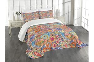 Lunarable East Bedspread, Colorful Paisley Floral Pattern Classical Ornamental Medieval Art, Decorative Quilted 3 Piece Coverlet Set with 2 Pillow Shams, King Size, Blue Yellow