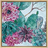 SIGNWIN Framed Canvas Wall Art Bouquet of Green Cactus with Red and Pink Big Flowers Botanical Succulent Watercolor Abstract Modern Relax/Calm for Living Room, Bedroom, Office - 16