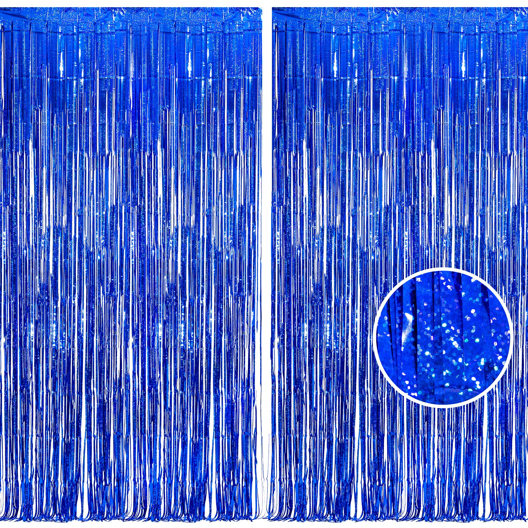 BRAVESHINE 2PCS Glitter Blue Foil Fringe Curtain Backdrop, 1x2.5m Sparkle Tinsel Metallic Curtains for Birthday Party Wedding Photo Backdrop Christmas Halloween Disco Graduation Party Decorations