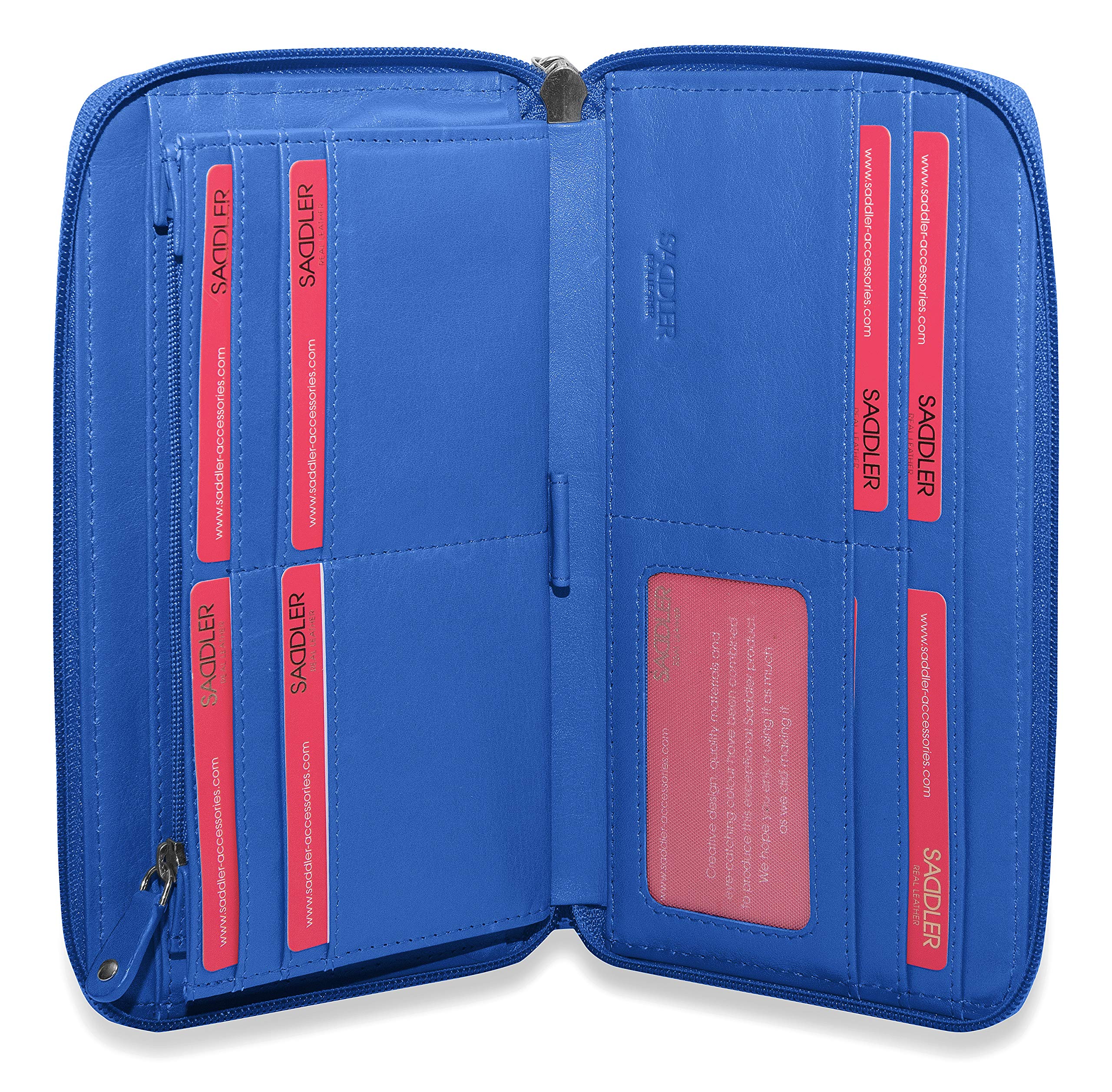 SADDLER Sophia Purse – RFID Protected Real Leather Large Zip-Around Wallet with 15 Card Slots, ID Window, Wrist Strap & Multi-Section Interior – Fits Most Phones – Gift-Boxed