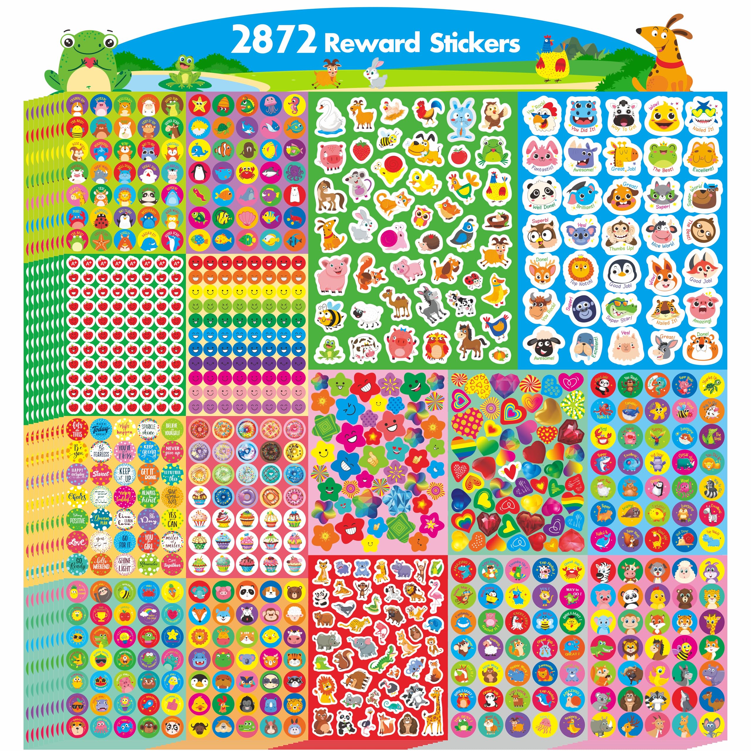 2872 PCS Incentive Stickers, 64 Sheets Round Encouragement Stickers, Animals Donuts Cupcakes Stars Hearts Motivational Teacher Classroom Reward Gifts Encourage Kids to Do Chores Go to The Toilet