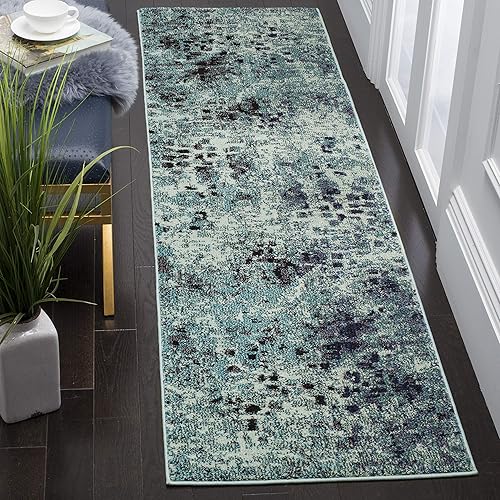 Safavieh Monaco Collection MNC225J Boho Chic Abstract Watercolor Non-Shedding Stain Resistant Living Room Bedroom Runner, 2'2" x 10' , Light Blue / Multi