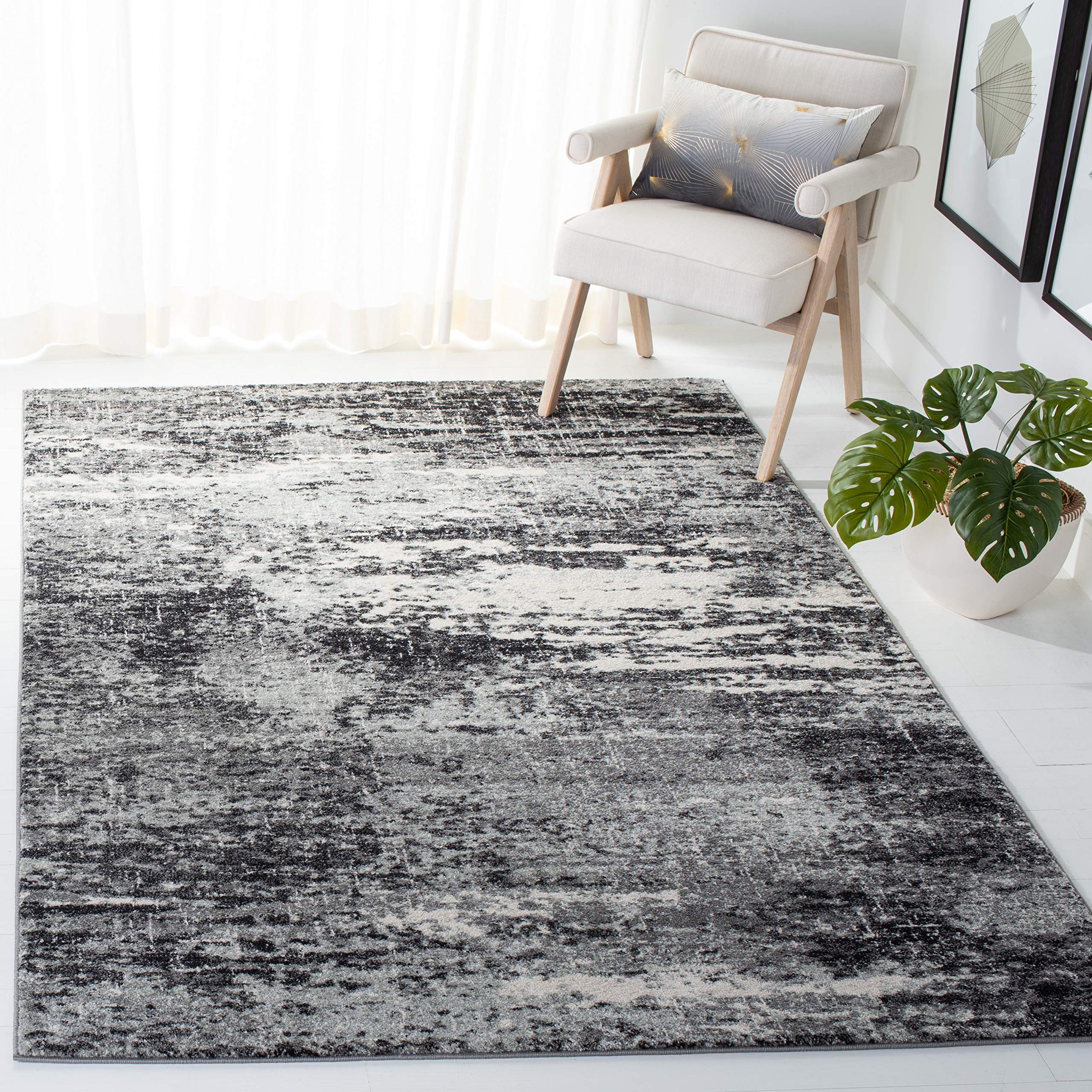 SAFAVIEH Evoke Collection 6'7" x 9' Ivory / Dark Grey EVK272G Modern Abstract Non-Shedding Living Room Bedroom Dining Home Office Area Rug Image