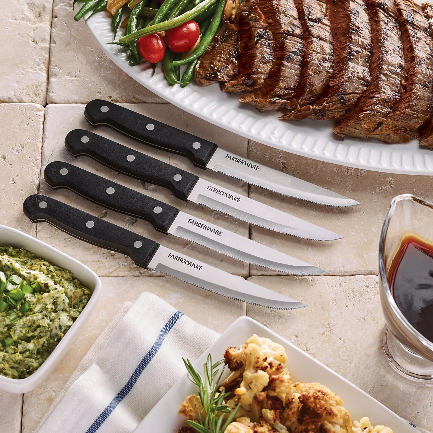 Farberware 4-Piece Full-Tang Triple Rivet 'Never Needs Sharpening' Stainless Steel Steak Knife Set, Black: Kitchen & Dining