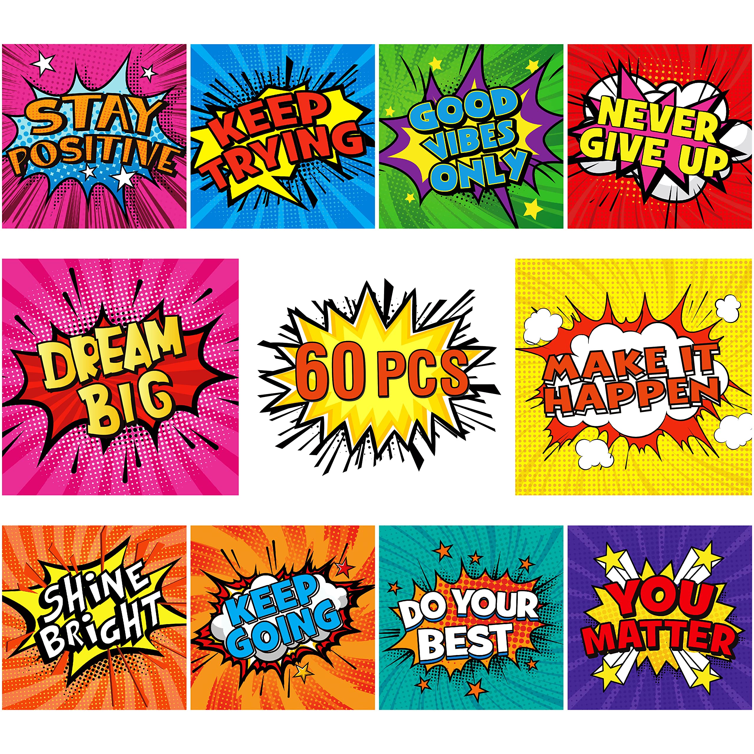 60PCS Superhero Motivational Cards, 10 Designs Inspirational Wall Decorative Sign Positive Word Cards Colorful Accents Set for Middle High School Bulletin Board Classroom Home Students (5.5” Each)